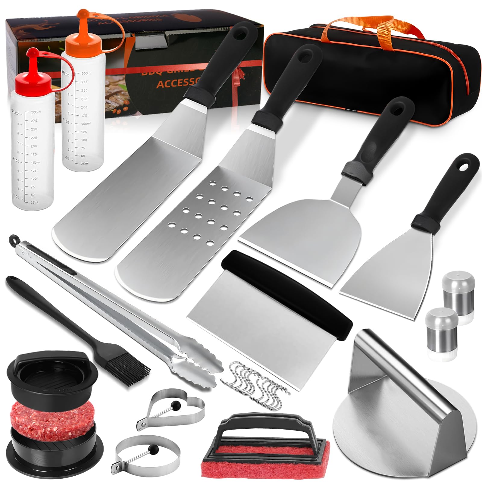 JUAUO Juego 27 Utensilios de Barbacoa de Acero Inoxidable, Kit de Accesorios Profesional para Parrilla y Plancha con Bolsa de Transporte y Prensa Hamburguesas, Regalos para Hombres y Chef Aficionado