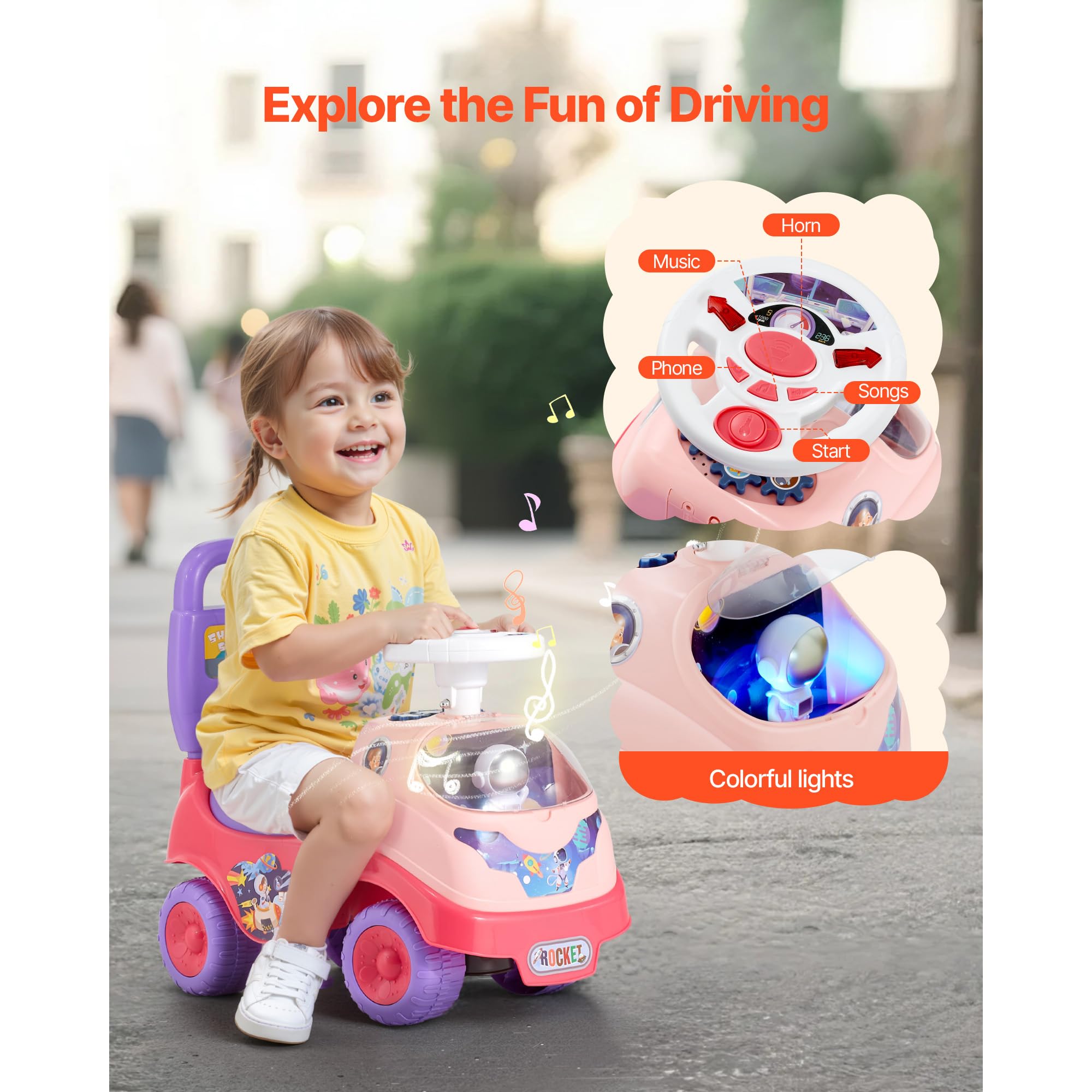 Ride-On Push Car, Ride-On Toy with Horn and Music, 48.5 lbs Weight Capacity, Under-Seat Storage, Foot-to-Floor Walker, Pink — view 3