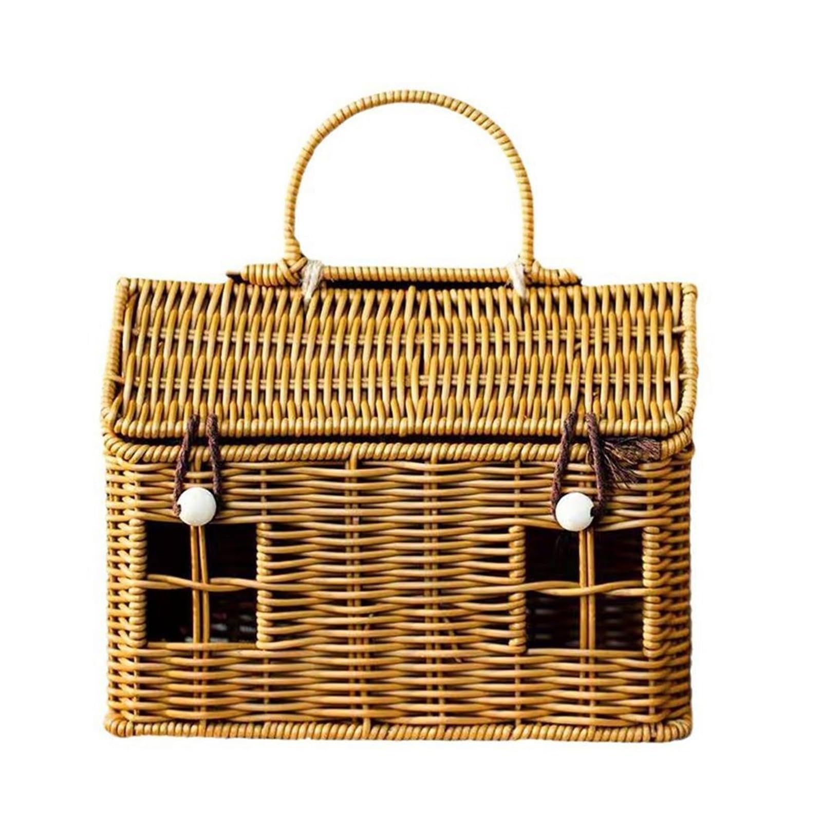 House Shaped Basket Rattan House Shaped Basket with Lid, Decorative Hand Woven Shelf Organizer with Folding Handle, Harvest Wicker for Picnic