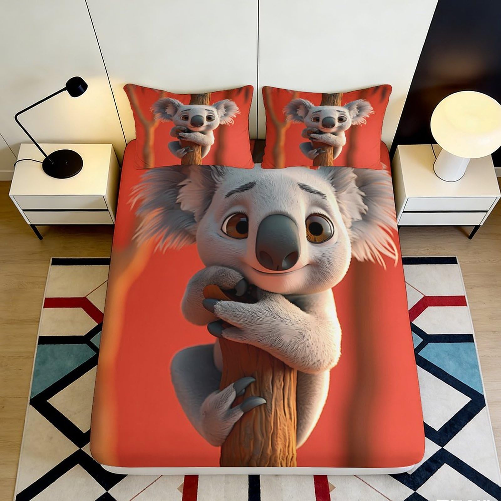 3D Printed Cute Koala Fitted Sheet Microfiber Soft Anti-Slip Orange Cartoon Bed Cover for Bedroom Dorm Mattress Protection 180x200x25cm