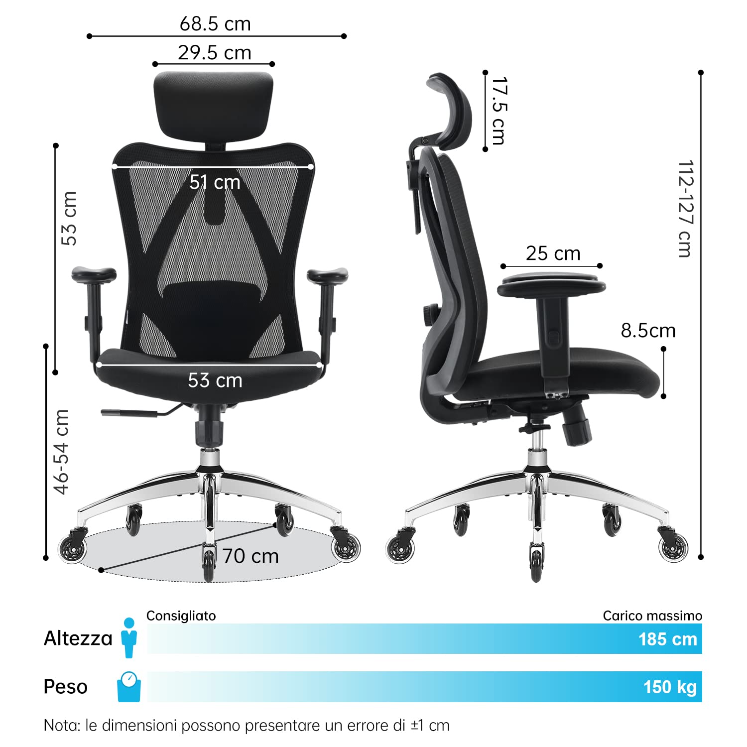 SIHOO Silla de Oficina ergonómica, Silla giratoria de Malla Transpirable, con Ruedas silenciosas Antideslizantes, Soporte Lumbar Ajustable, reposacabezas y apoyabrazos, Carga máxima 150 kg