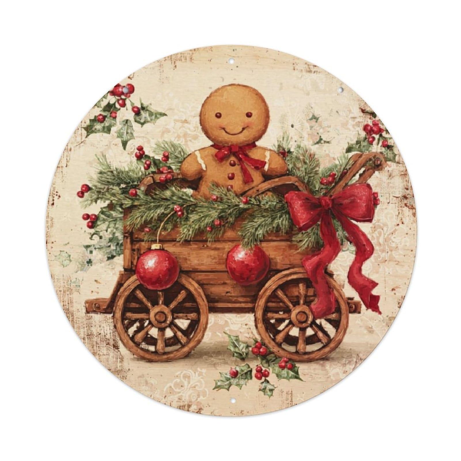 Jdyaojiesheng Vintage Gingerbread Man Wagon Holiday Decor Round Tin Sign Retro Metal Wall Decor Metal Poster, Home Bar Garage Farmhouse Cafe Wall Art Decoration 8X8inch