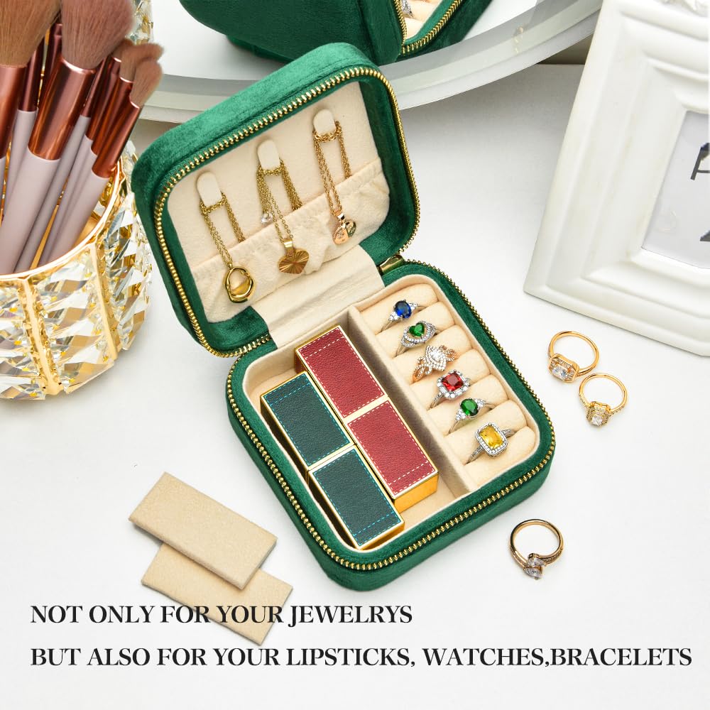 TAIMY Reise-Schmuckschatulle aus Plüschsamt, klein, tragbar, Mini-Schmuck-Organizer-Boxen für Ringe, Ohrringe, Halsketten, Armbänder (Smaragdgrün, ohne Spiegel)