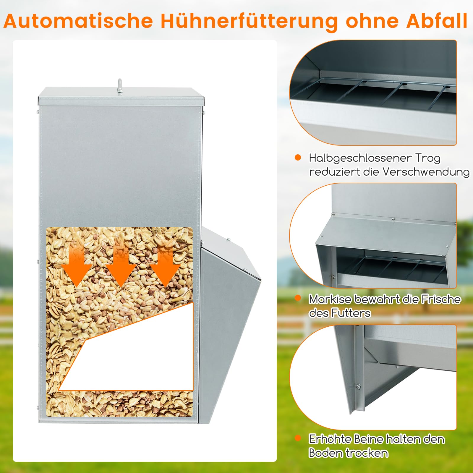 COSTWAY Futterautomat aus Verzinktem Metall, 22 kg, Hühner Futterspender mit Deckel, Hühnerfutter Automat Hängend, Futtertrog Groß, Automatischer Geflügelfutterautomat für Enten & Hühner, Silber