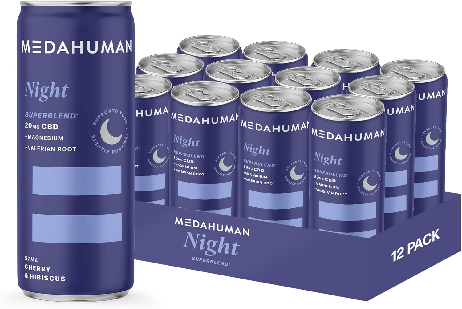 MEDAHUMAN CBD Still Drink (20mg), Night, Sour Cherry & Hibiscus, with Valerian Root, Vitamin D3 & Magnesium,Adaptogens & CBD Sleep Aid & Anxiety Relief Drink (Pack of 12 x 250ml),Packaging May Vary