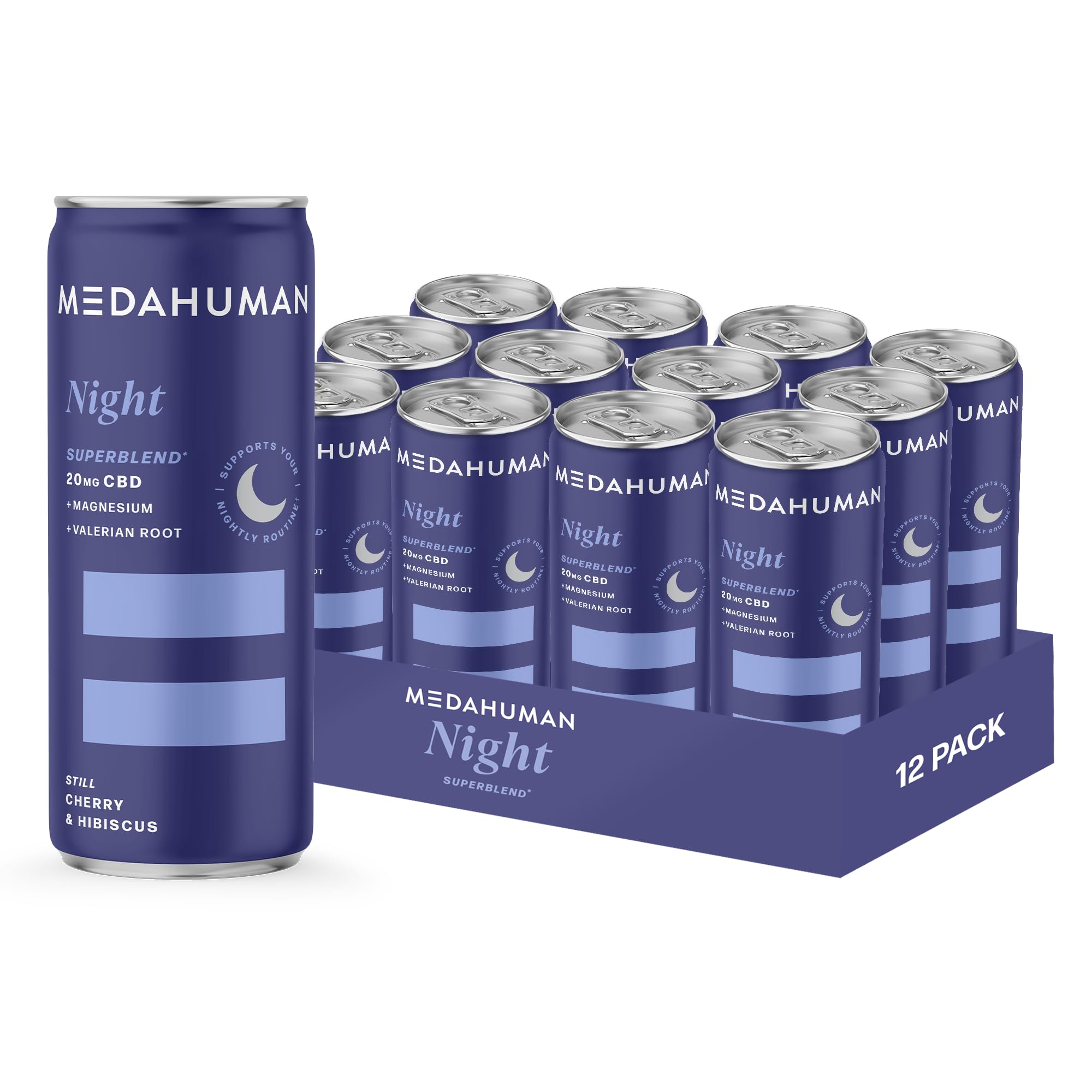 MEDAHUMAN CBD Still Drink (20mg), Night, Sour Cherry & Hibiscus, with Valerian Root, Vitamin D3 & Magnesium,Adaptogens & CBD Sleep Aid & Anxiety Relief Drink (Pack of 12 x 250ml),Packaging May Vary