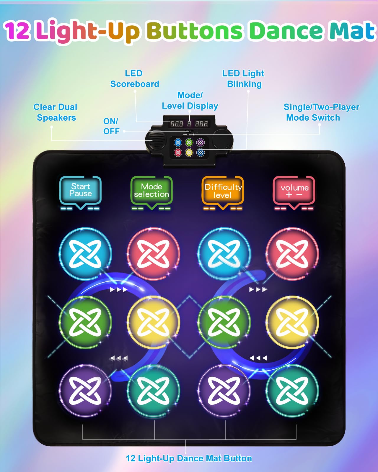 Tapete de baile para niños, almohadilla de baile de 12 botones con luz LED con volumen ajustable, música integrada, modo de 1 jugador y 2 jugadores, 8 modos de desafío y 3 niveles de 6