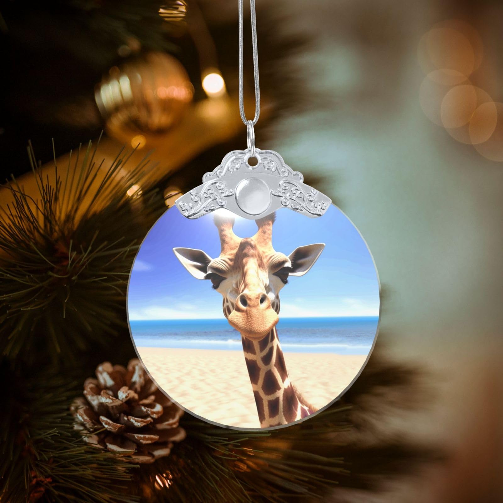 Crystal Christmas Ornaments for Christmas Tree Decoration Hanging Beach Giraffe Ornament with Gold Ribbon Crafts Round Pendant for Keepsake Gifts Glass Xmas Decor Party Supplies