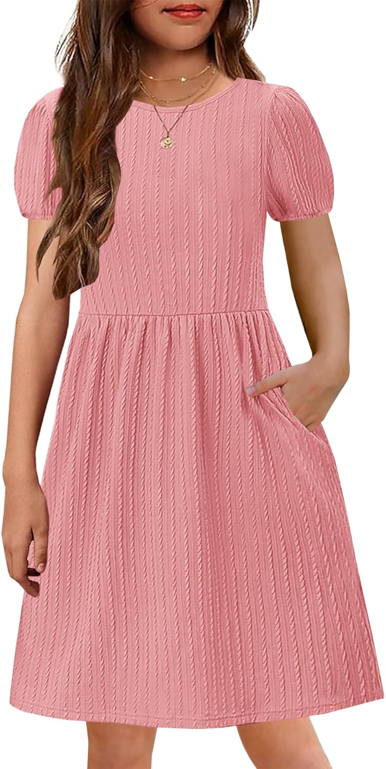 YOVION Girls Summer Dress Crew Neck Puff Sleeve Plain A-Line Casual Knit Dresses with Pockets for 6-12 Y 10 Years Pink