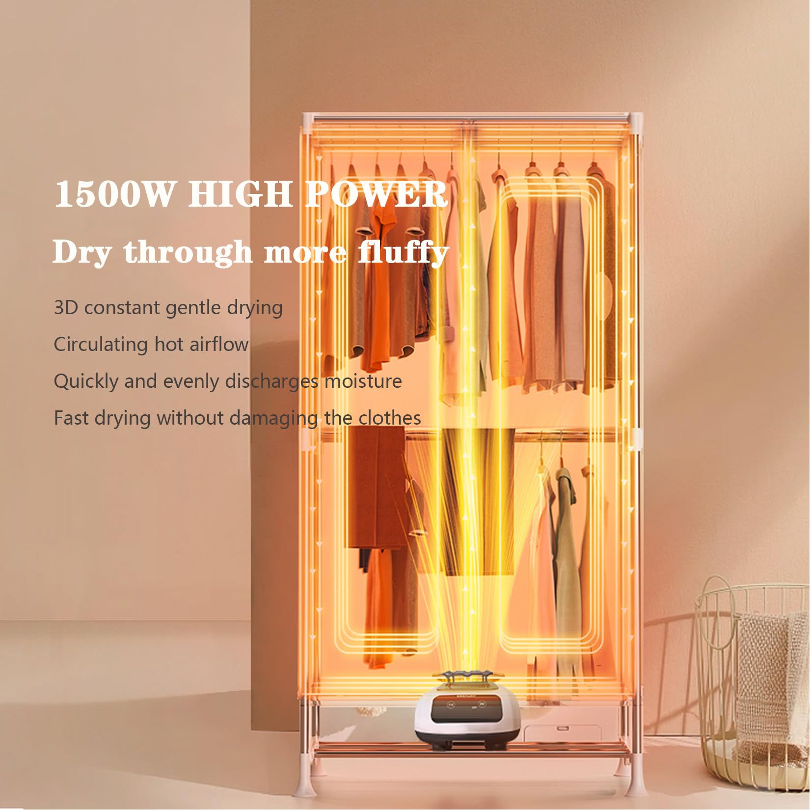 Asciugatrice Elettrica Bilayer,Tessuto Oxford + Barra di Supporto in Acciaio Inox,65℃ Aria Calda In Circolazione,Timer 0-300 Minuti,Capacità di Carico 15 KG,Con Rotelle,1500W