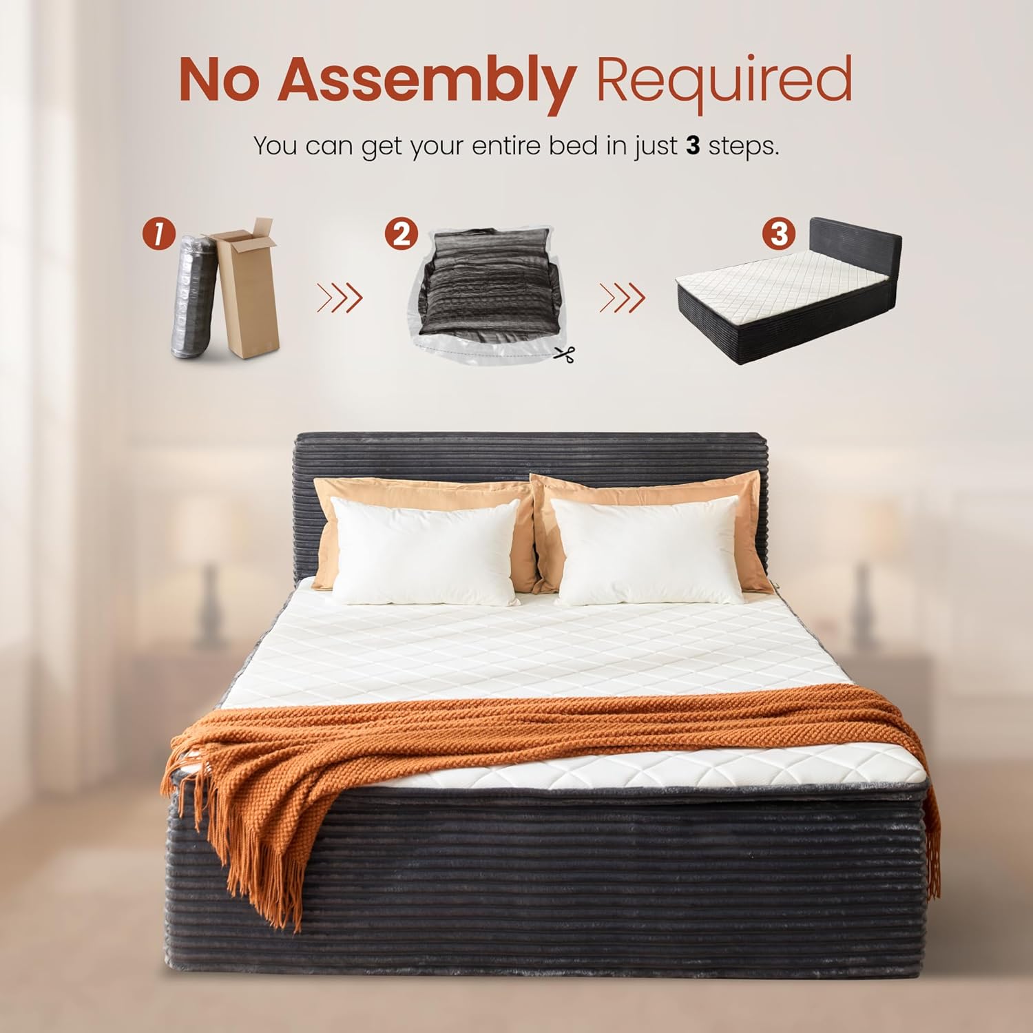 Queen Boneless Bed Frame with Mattress, 16 Inch Memory Foam Mattress with Plush Fabric Upholstered Bed Frame Platform, No Assembly Required,Cool Night & Relieve Pressure with Medium Support, Grey | No Box Spring Needed, Memory Foam, Bed Frame Platform, No Assembly Required