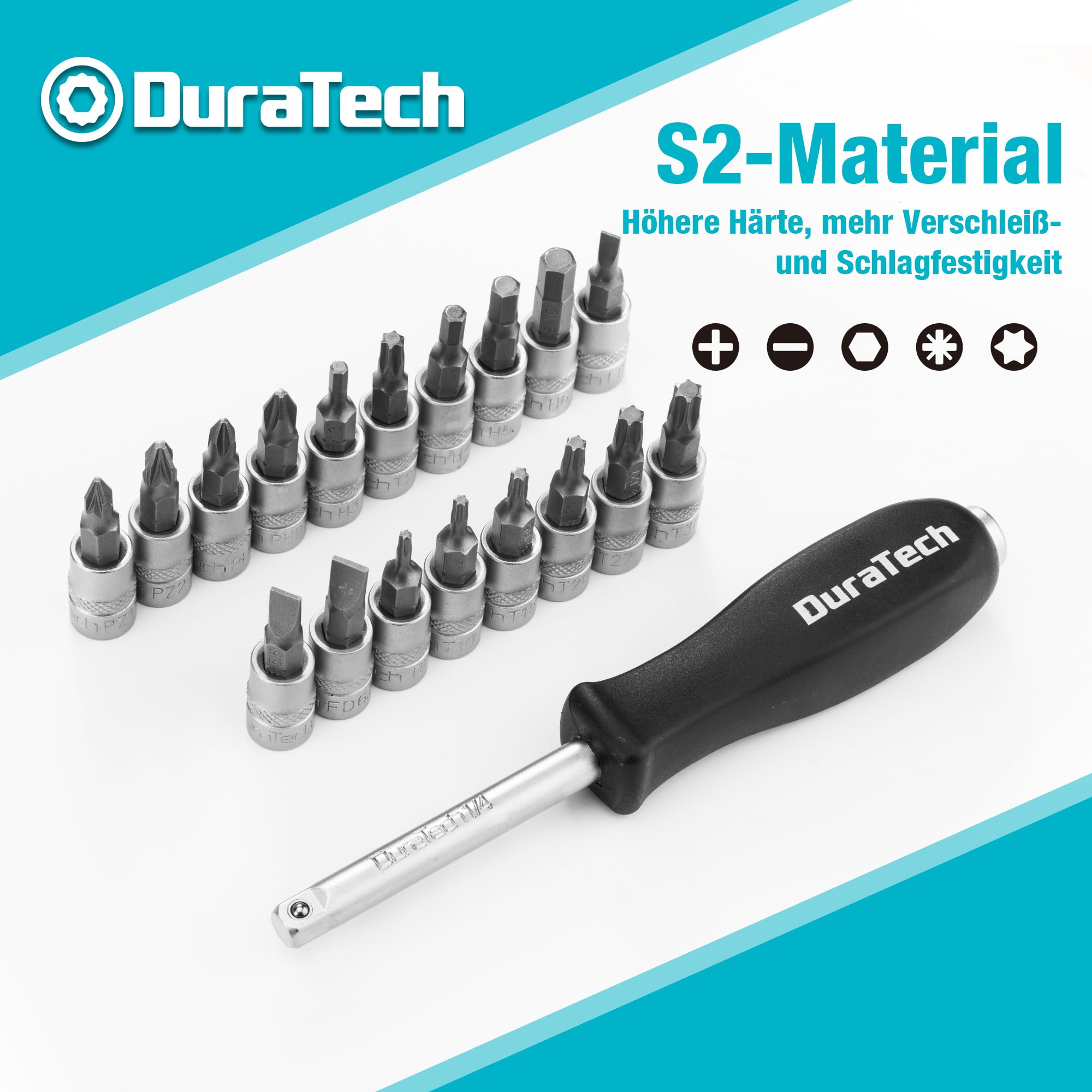 DURATECH Steckschlüsselsatz 108-teilig, Knarrenkasten Steckschlüssel Set | Ratschenkasten mit 1/2” und 1/4” Umschaltknarre, Verlängerungen, Bits, Stecknüsse, Chrom-Vanadium-Stahl, inkl. Koffer