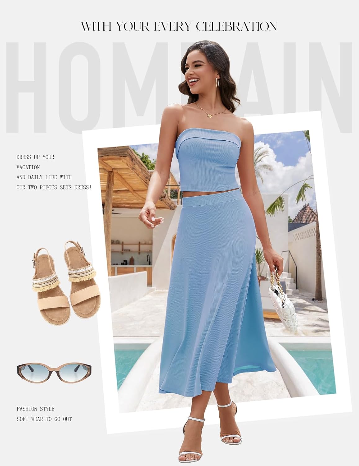 HomRain Women's 2 Piece Skirt Sets:Tube Top Maxi Skirt Sets 2 Piece Outfits for Wedding Formal Causal - Image 2