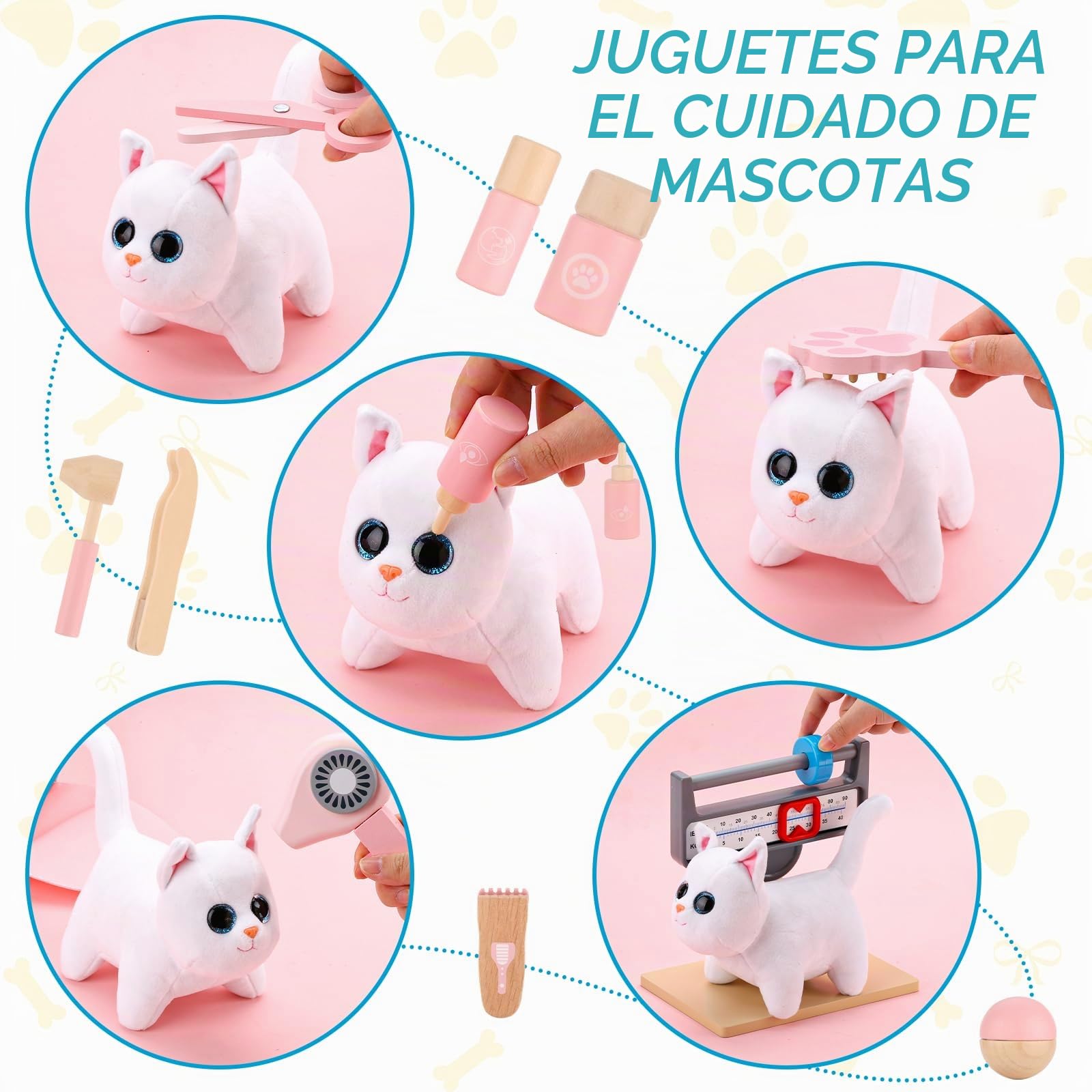 UMU® - Juego de 37 Juguetes Veterinarios de Madera para niños con Gato de Peluche, Estetoscopio, tenómetro, etc. Juguete Veterinario para niños y niñas de 3, 4, 5 años