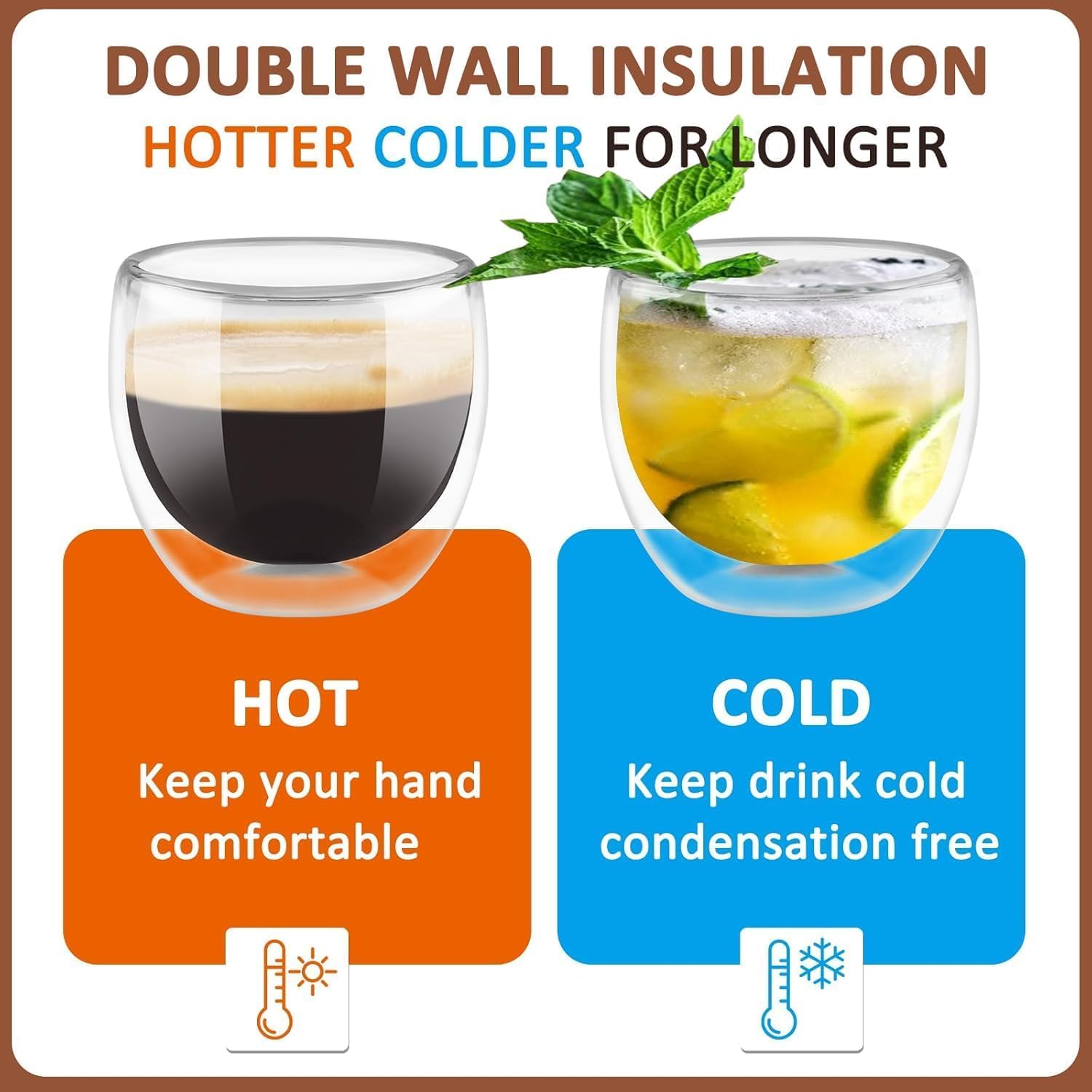 Lot De 6 Tasses à Café En Verre Borosilicate Double Paroi – 80 Ml, Transparent, Effet Flottant