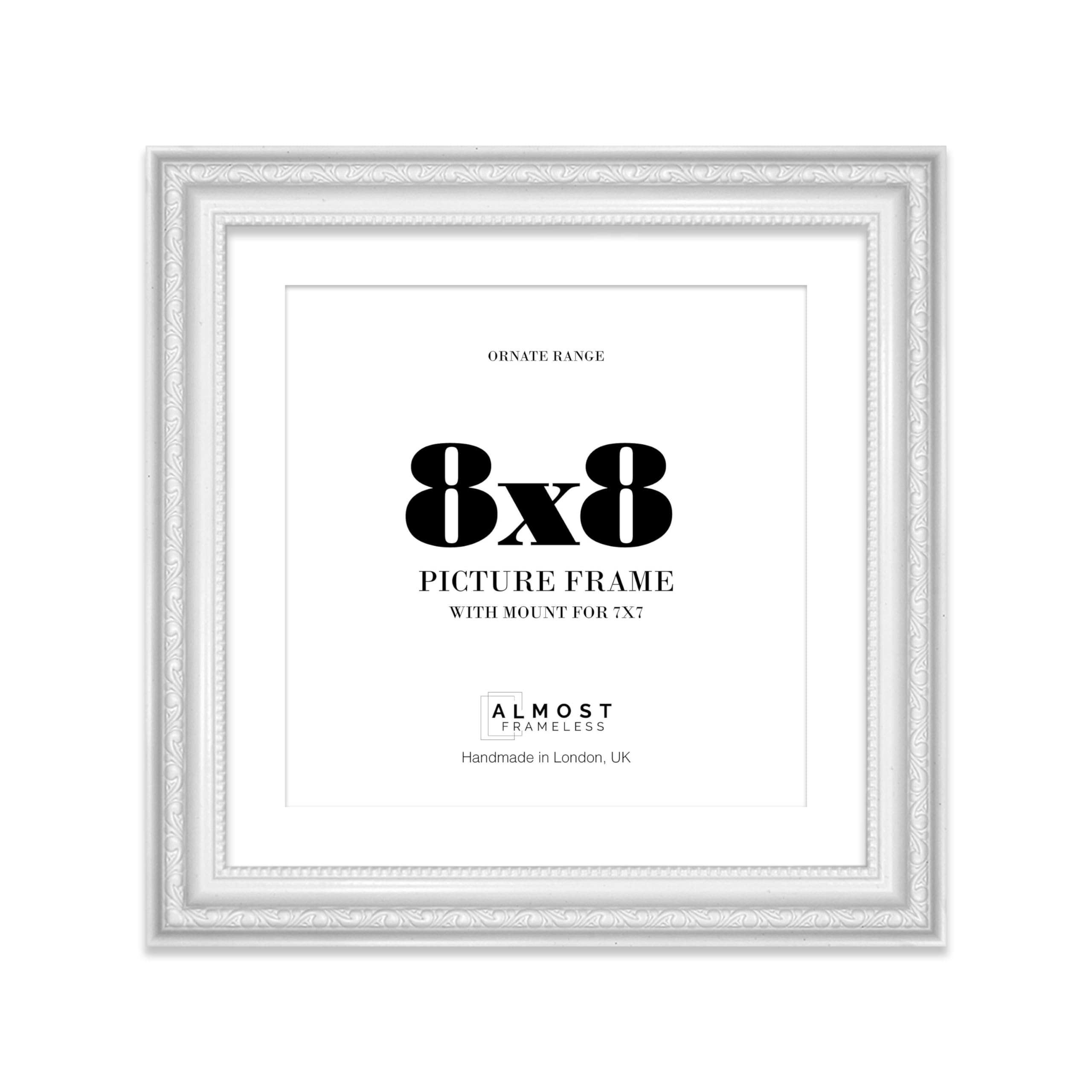 8x8 White Ornate Photo Frame With White Mat For 7x7 Picture, Ready to Hang or Stand, 1 Pack