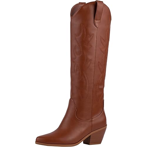Foklysp Women's Cowboy Boots Classic Embroidered Almond Shaped Pointed Toe Pull-On Boots