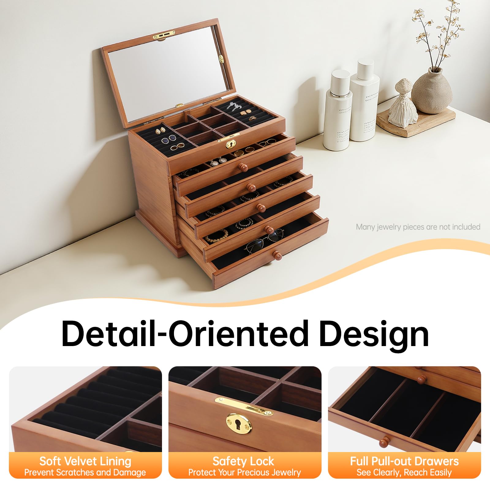 Portagioie in legno con chiusura di sicurezza, 6 cassetti + specchio HD, grande portagioie per anelli/collane, design vintage a quattro foglie, 31,5 x 24,5 x 20 cm