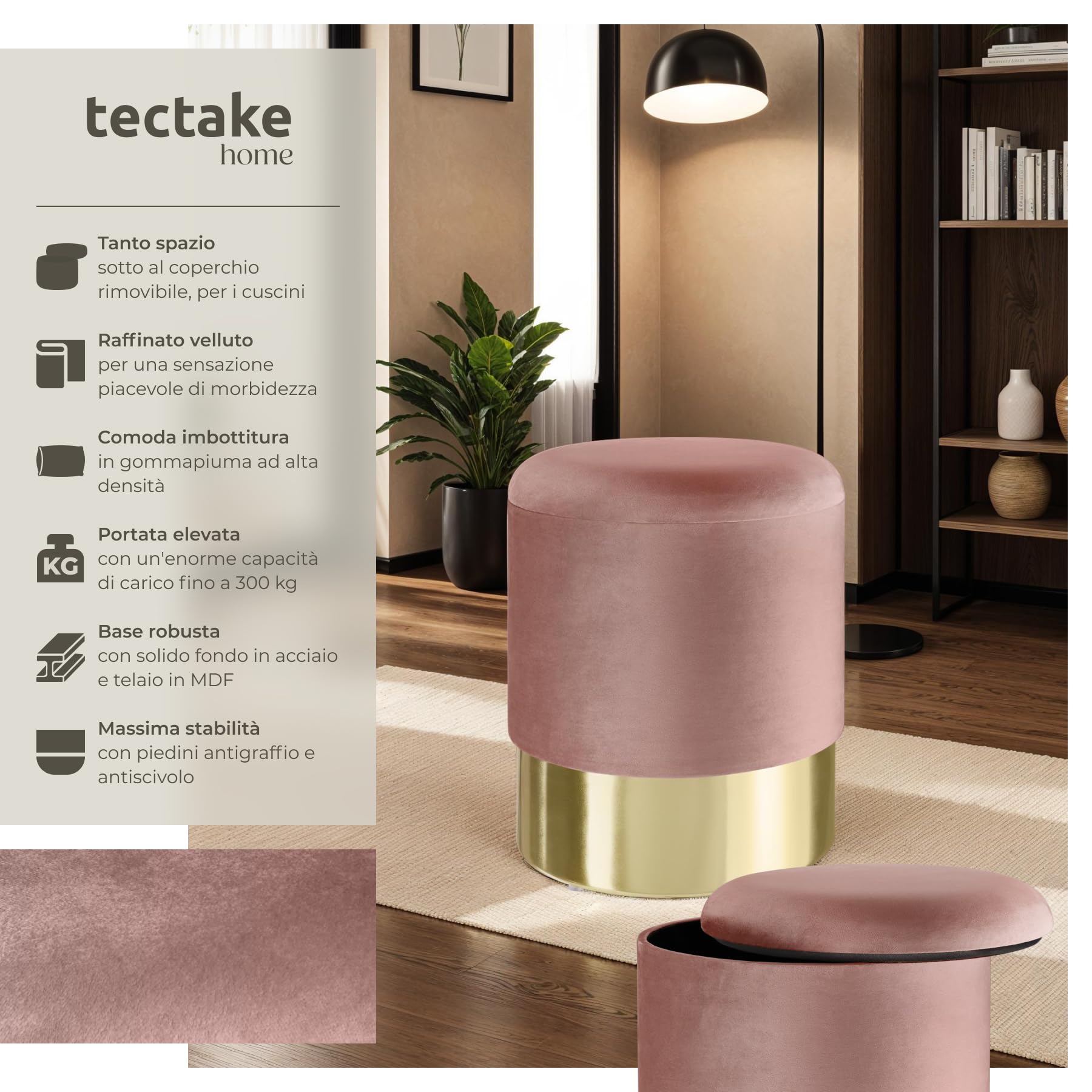 tectake® Sgabello Rotondo in Velluto, Con Scomparto Nascosto, Base in Acciaio Oro, Capacità di Carico 300 kg, Comfort Elevato, Design Elegante per Casa e Ufficio - Rosa