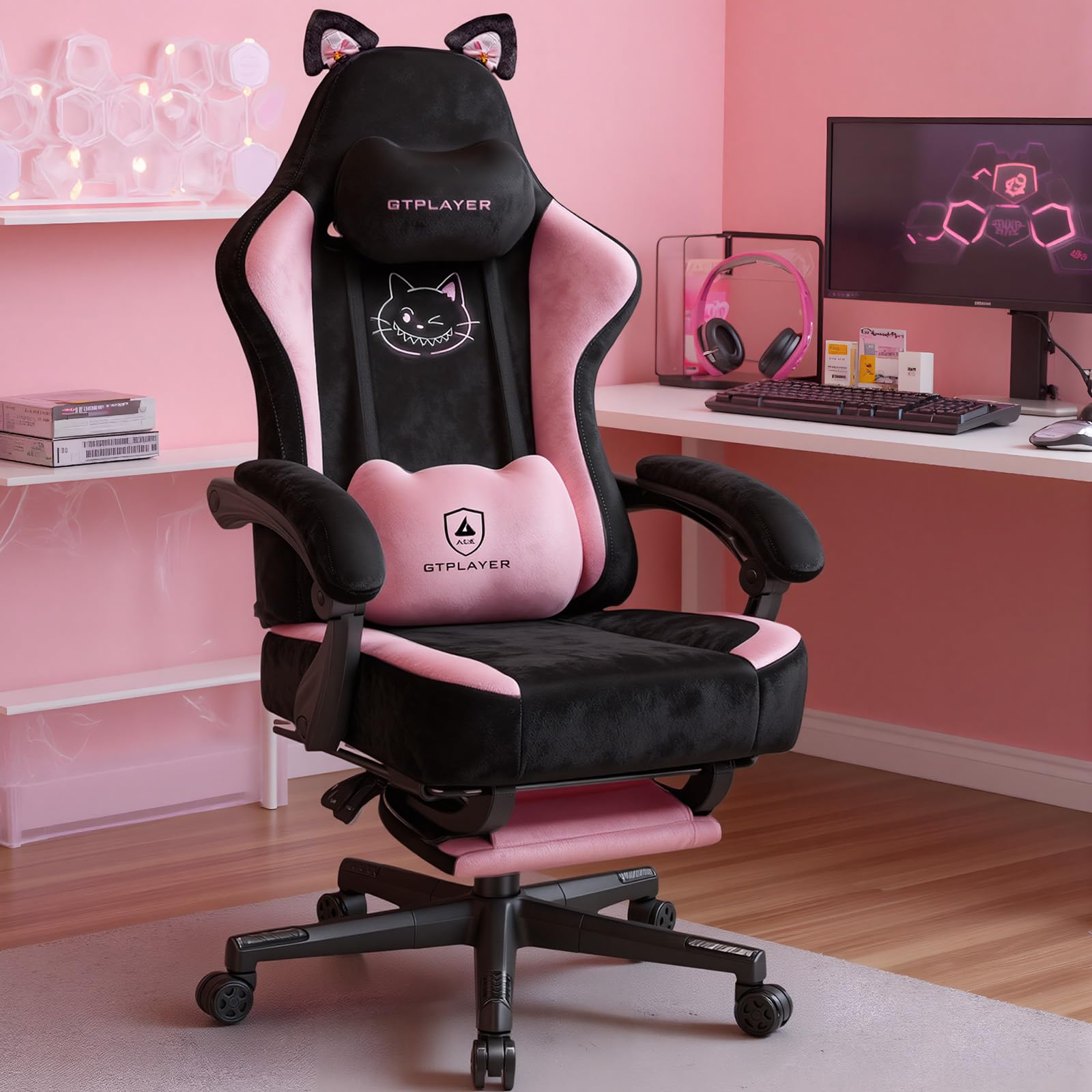 GTPLAYER - Sedia da gaming carina con tessuto in velluto, sedia da gaming, sedia da ufficio ergonomica con orecchie di gatto, memory foam e poggiapiedi, 150 kg, Rosa