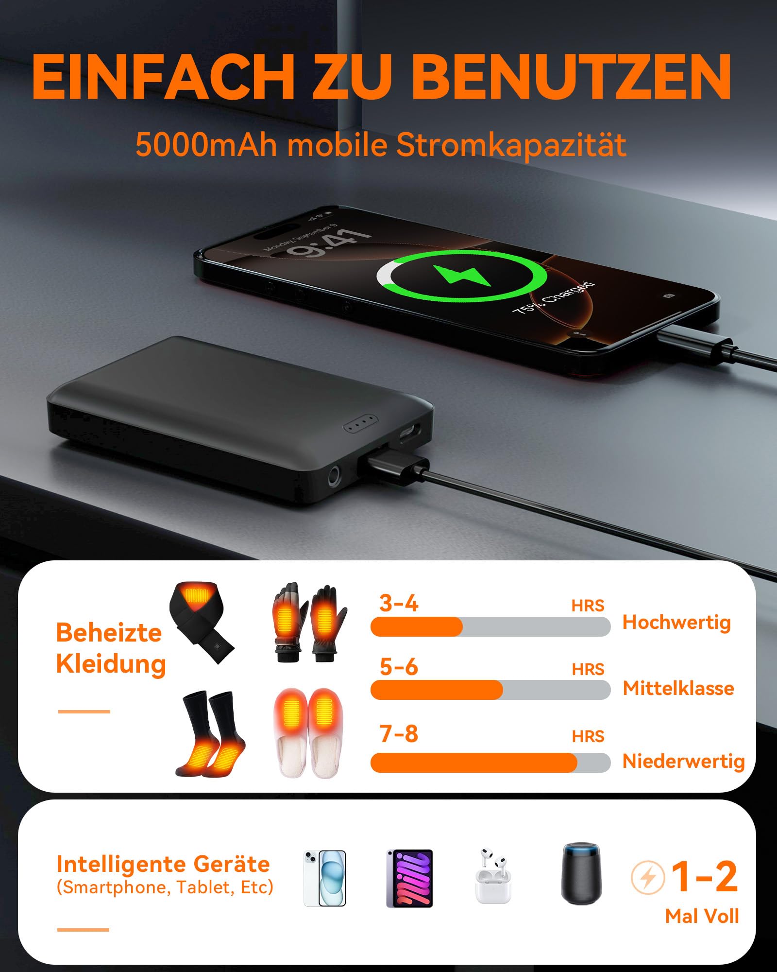 Lot de 2 batteries 5000 mAh 5 V CC pour gants chauffants, chaussettes, chaussons, bonnet, écharpes – Batterie de rechange rechargeable par USB pour vêtements chauffants