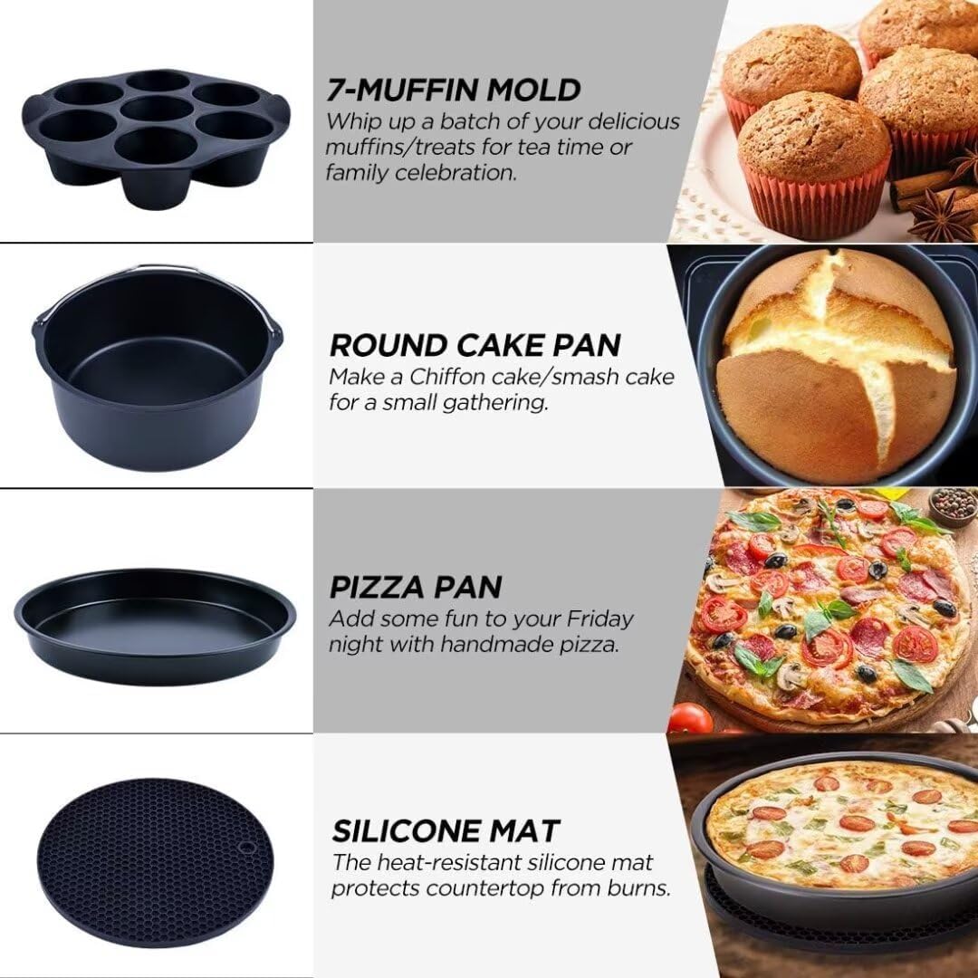 Air Fryer Accessories Set Fit for Gowise Gourmia Cozyna Ninja,Fit All 3.5qt-4.5qt Air Fryer,Kits with Skewers Silicone Mat,Pizza Pan,Cake Barrel,Non-Stick,Dishwasher Safe,Universal,7 Inch 10pcs,Black - Image 4