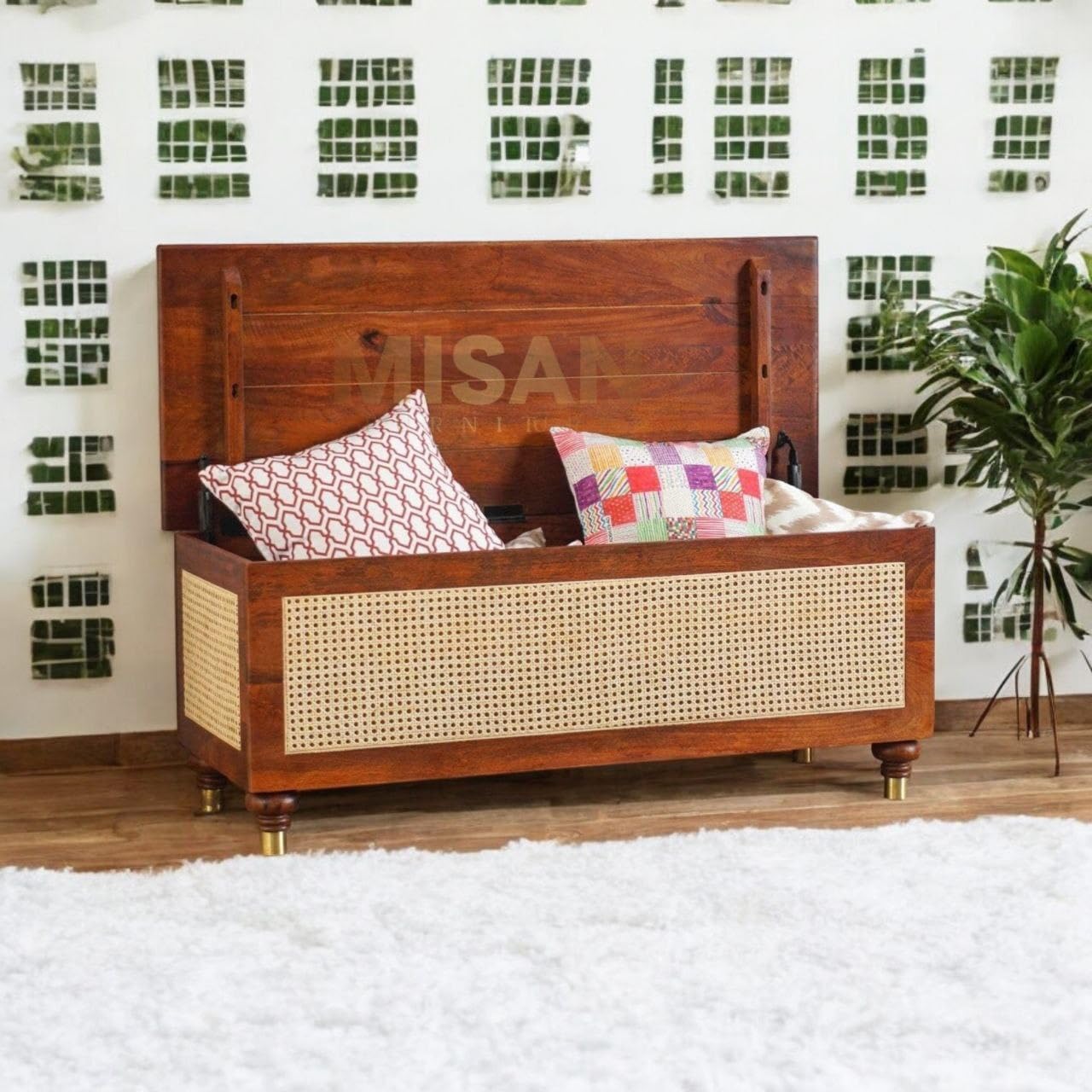RODIWAL Solid Wood Storage Chest, Boston Rattan Storage Trunk Box – Stylish & Practical Brown Wooden Chest for Home Organization (Hony)-image-6