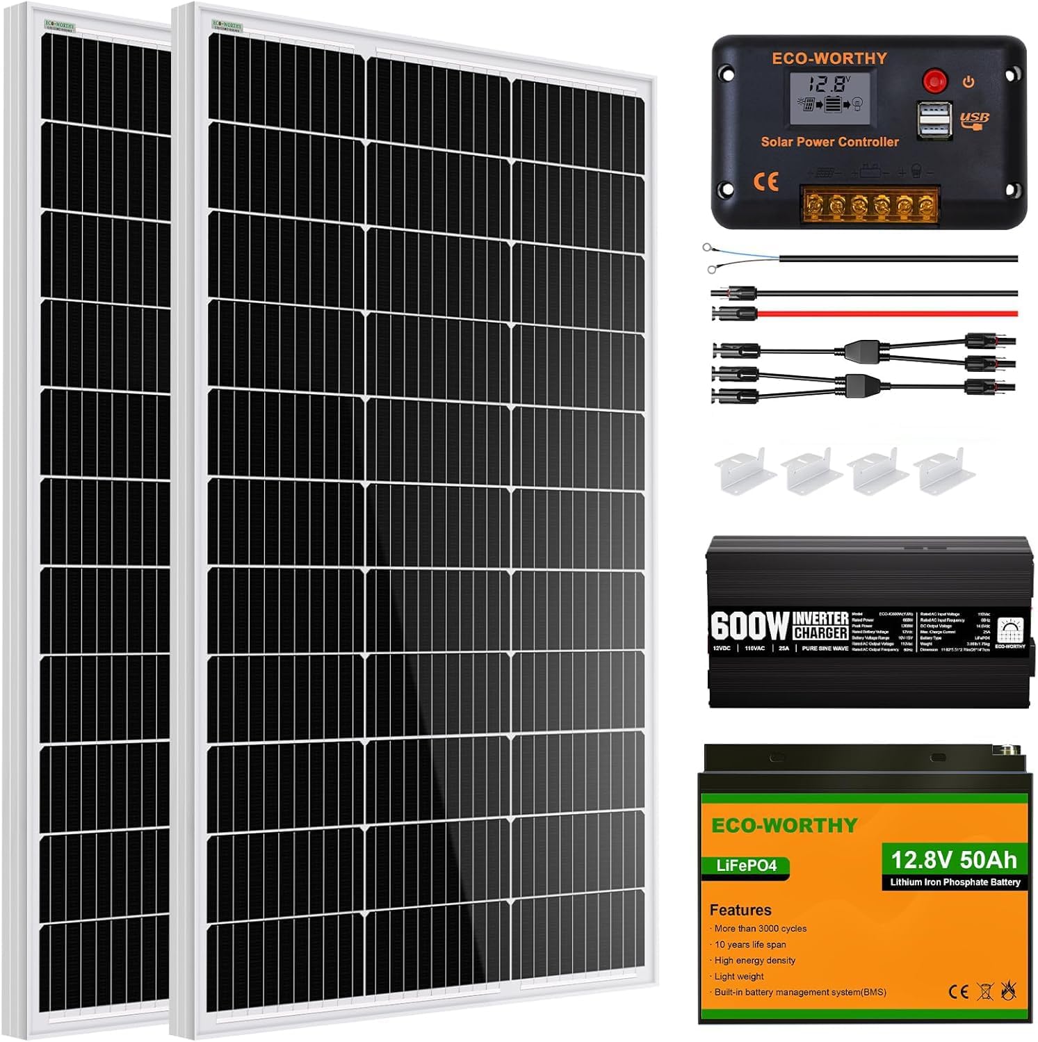 ECO-WORTHY 200 Watt 12V Complete Solar Panel Starter Kit for RV Off Grid with Battery and Inverter: 200W Solar Panels+30A Charge Controller+50Ah Lithium Battery+600W Solar Power Inverter