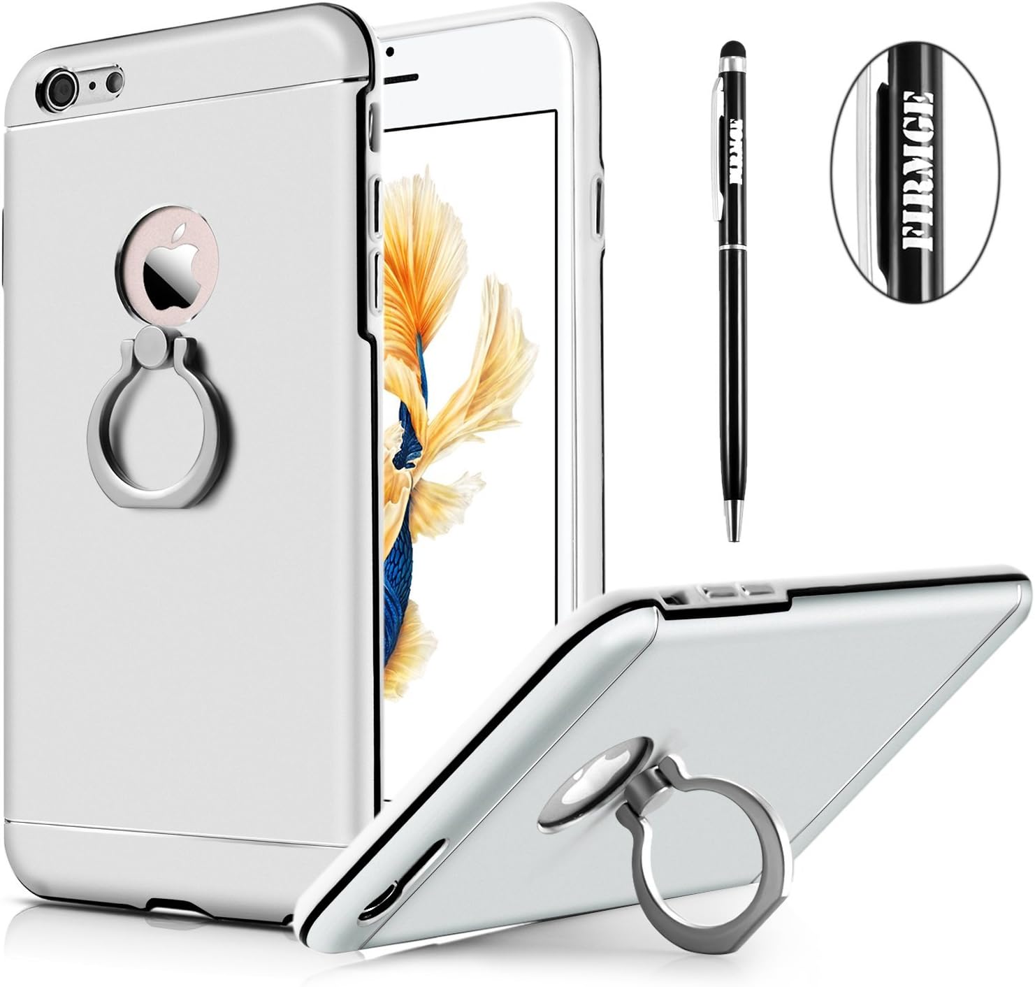 iPhone 6 Case,6S Case, FIRMGE® [Stylus Pen] TPU Bumper Slim Fit Ultra Thin Hard Protective Cover Case with 360 Degree Rotating Ring Kickstand for Apple iPhone 6S (2015) & iPhone 6 (2014) - Sliver