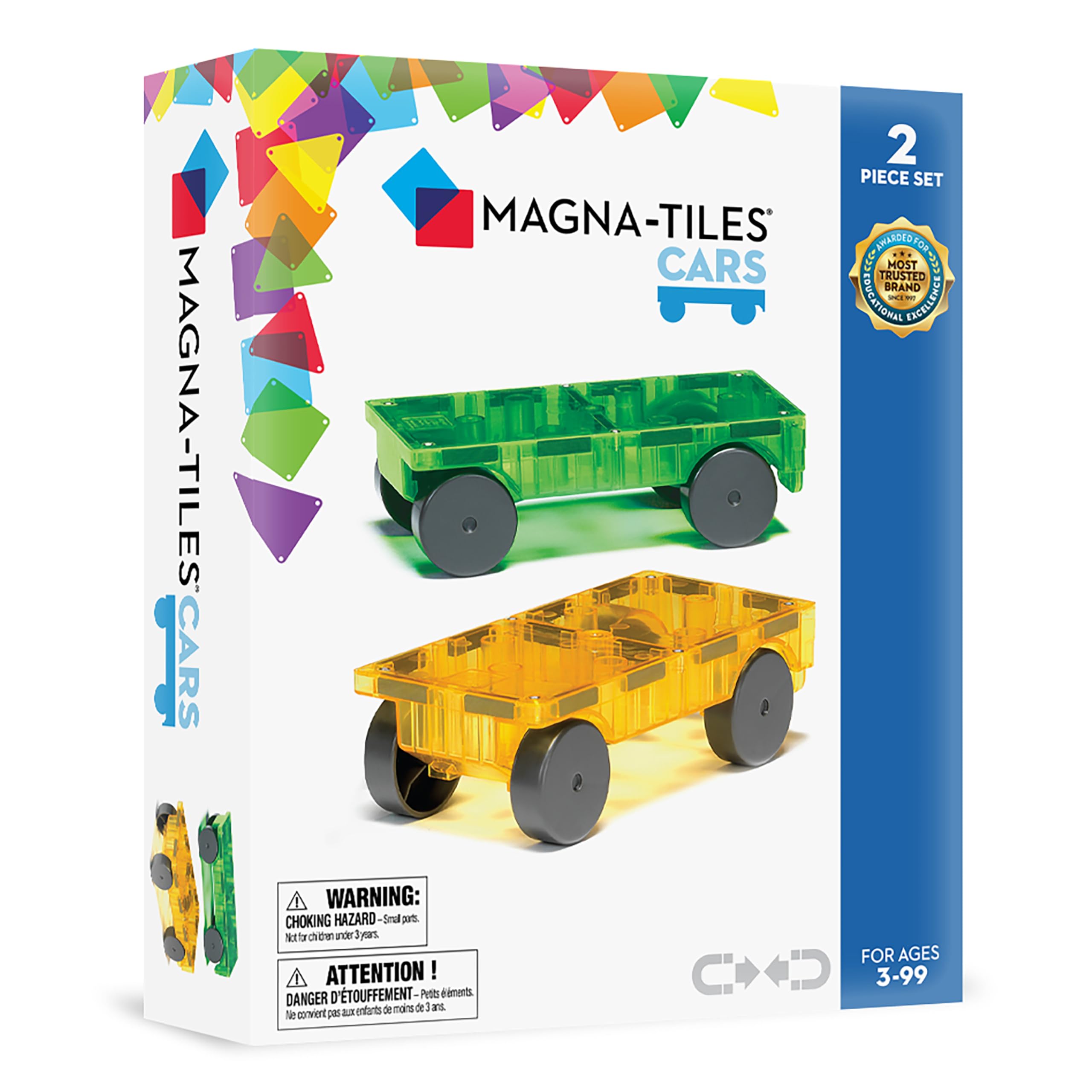 MAGNA-TILES Cars – Green & Yellow 2-Piece Magnetic Construction Set, The ORIGINAL Magnetic Building Brand