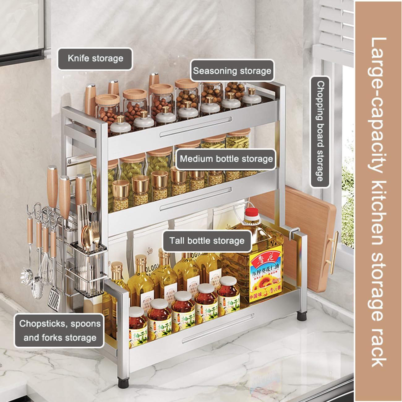Étagère à épices à 3 niveaux pour comptoir de cuisine, étagère de rangement sur pied, organiseur de bureau, étagères de rangement en acier inoxydable, pour cuisine, salle à manger, B, 50 cm