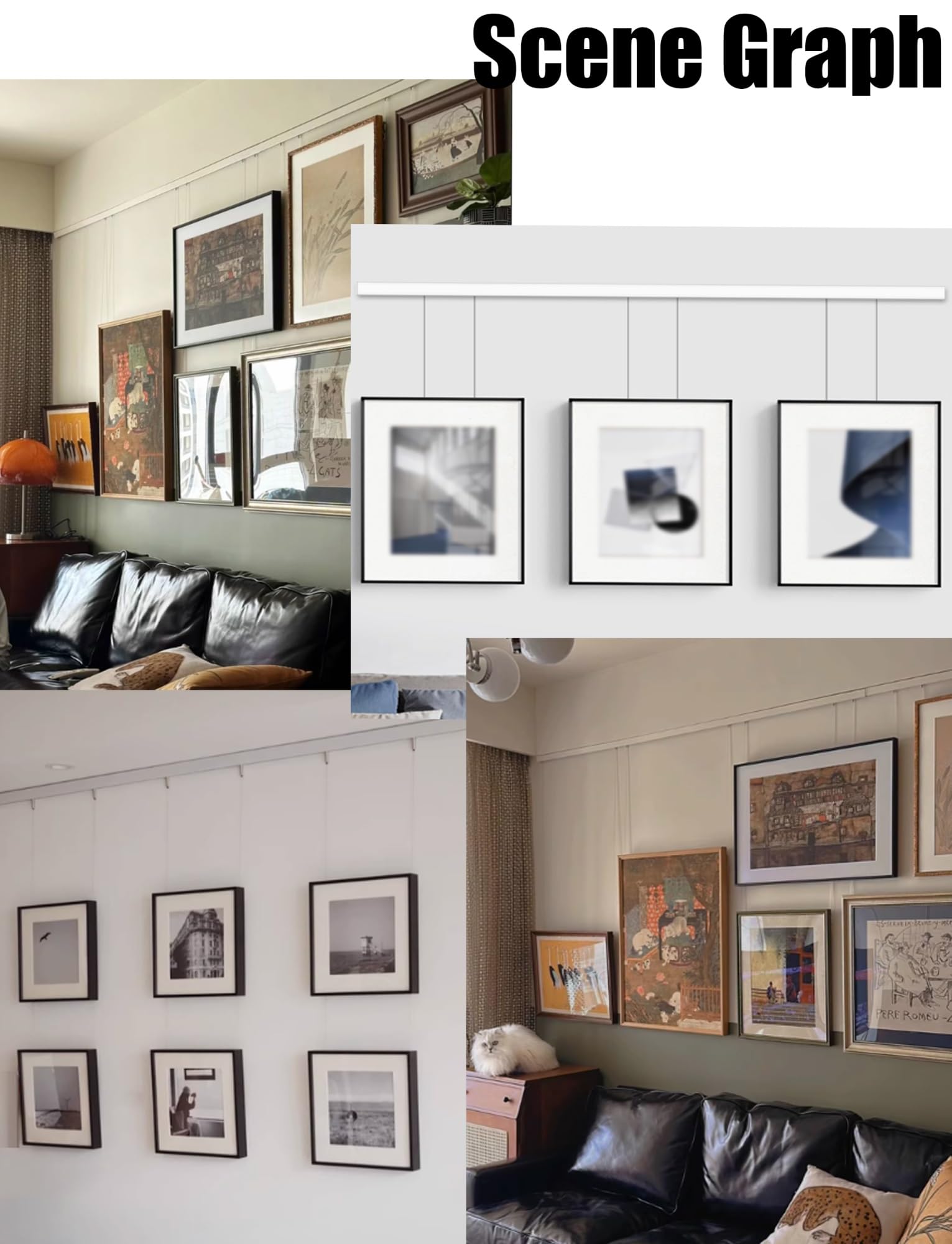 Sistema de techo para colgar cuadros con rieles, cables y ganchos para carteles y galería, solución versátil de arte de pared
