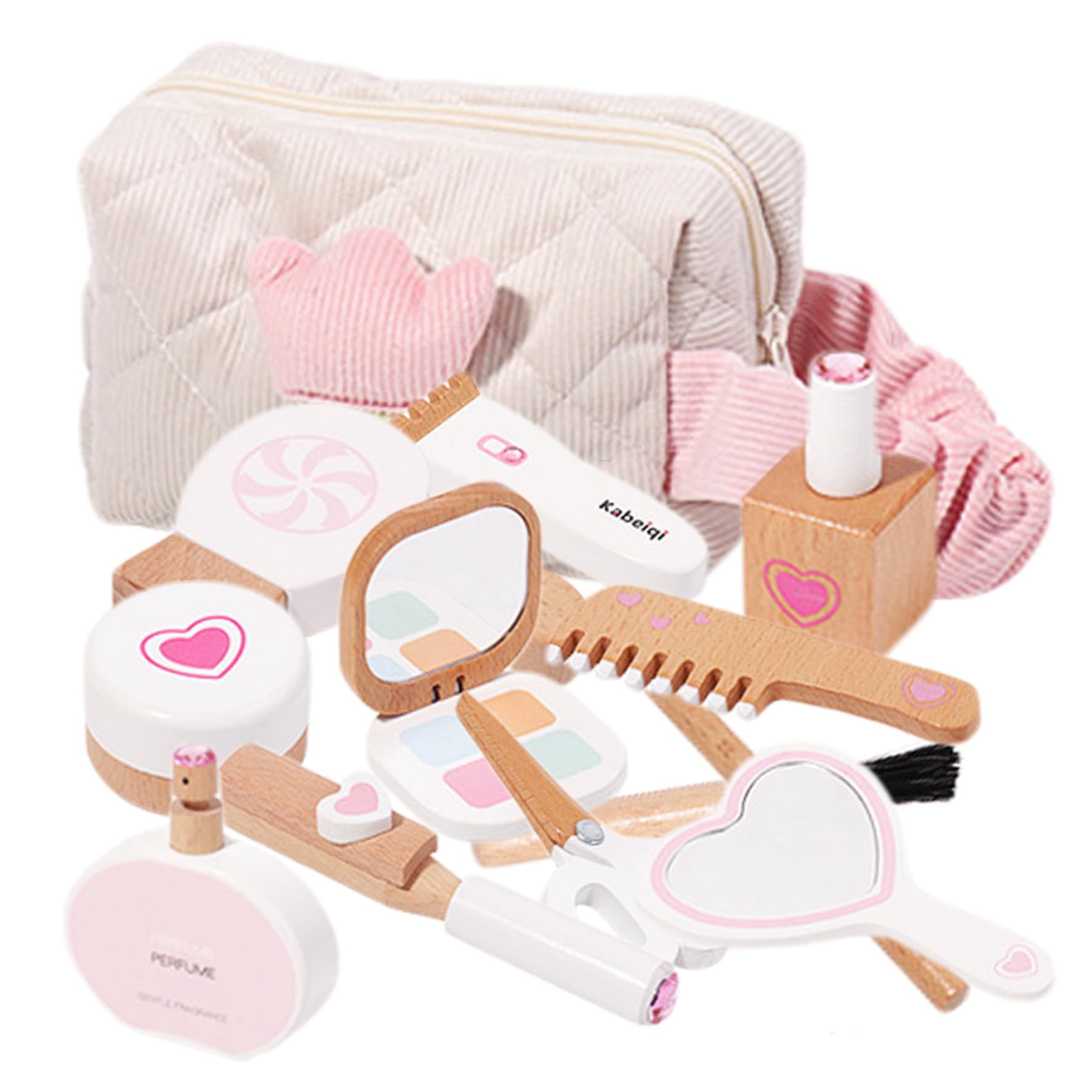 Set di giocattoli per il trucco in legno Kit per il trucco finto con ferro arricciacapelli, asciugacapelli, pettine, specchio, rossetto, mascara, profumo e altro Kit educativo per bambini per ragazze