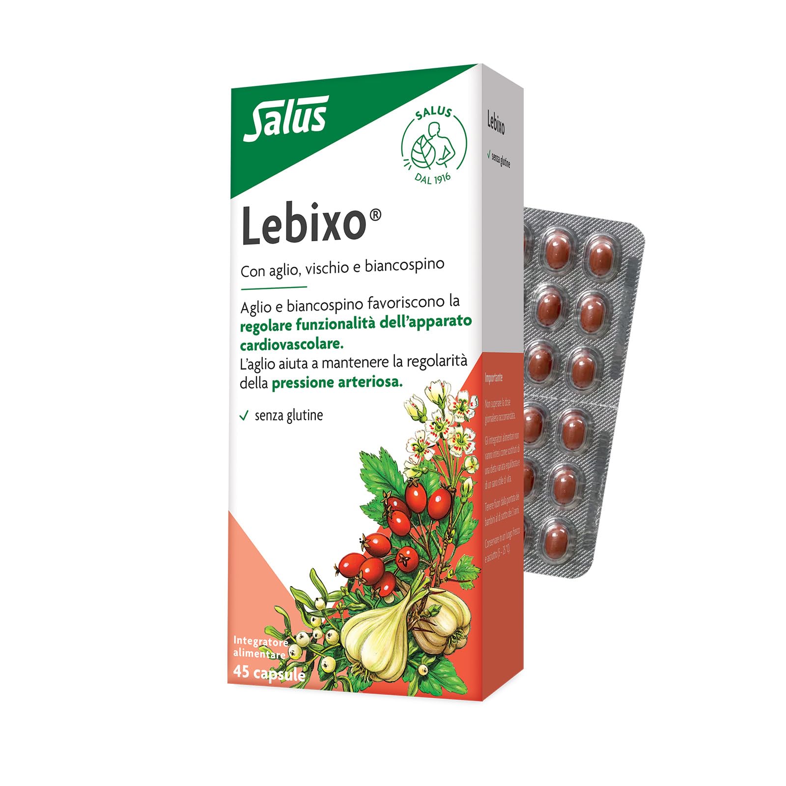 Salus Lebixo - Integratore Alimentare per la regolarità cardiovascolare e della pressione arteriosa, a base di Aglio, Vischio e Biancospino - 45 Capsule