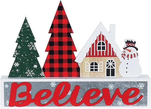 MEETYAMOR Decoración navideña, casa de muñeco de nieve de madera de gran tamaño con letrero de creer, decoración de mesa de Navidad, decoración