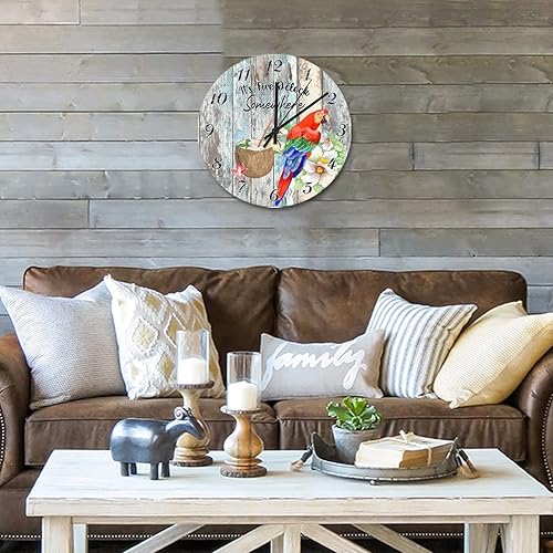 Miniatura 8 de Reloj de pared de loro de 15 pulgadas, con movimiento de cuarzo, decoración Tiki para patio exterior, reloj de pared de madera moderno, reloj