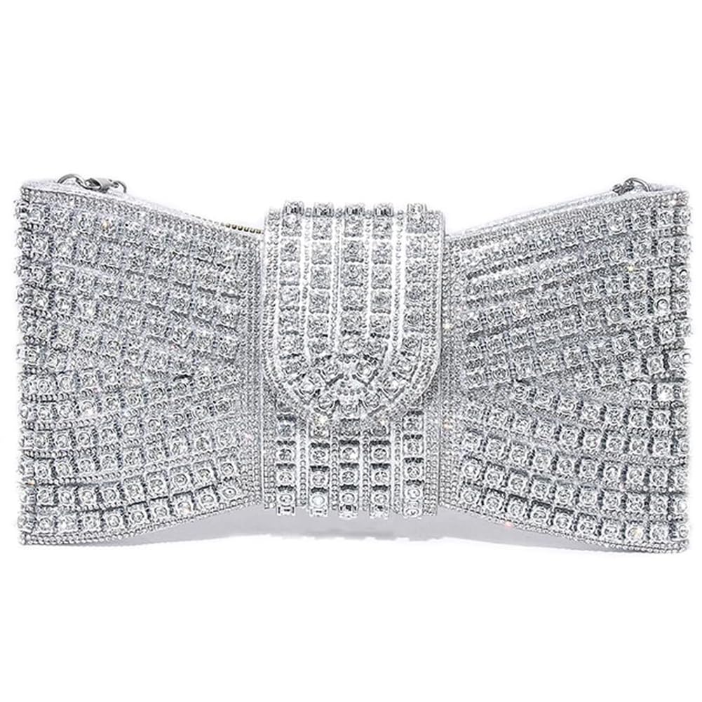 JRNDNIUO Rhinestone Evening Bag for Women，Bow Shaped Rhinestone Clutch Crystals Evening Purse Handbag with Chain