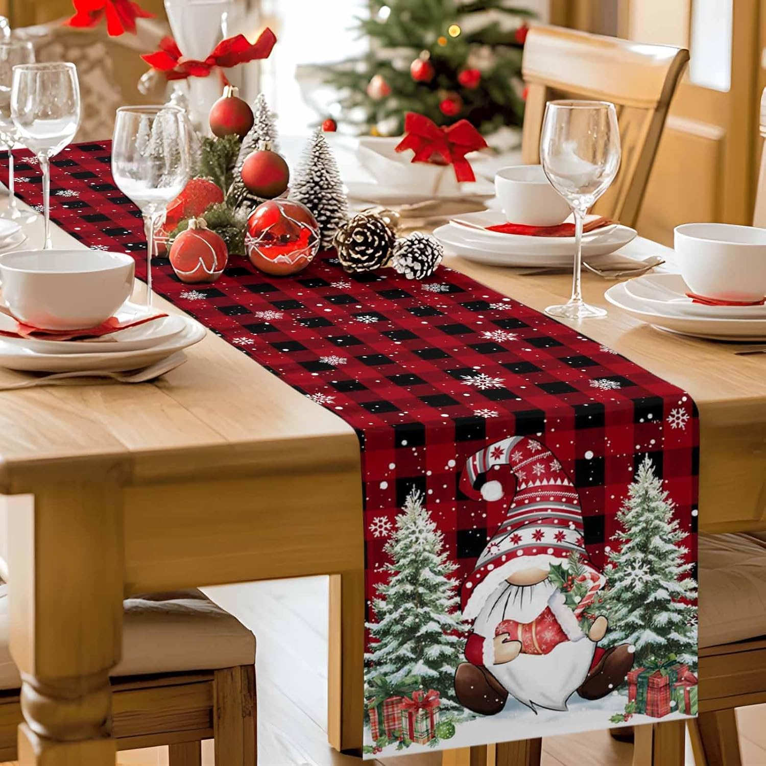 Christmas Table Runners Dresser Scarves,Xmas Tree Gnome Sock Gift Non-Slip Rectangular Tabletop Runner Snowflake on Black Red Check Dining Tables Dress Scarf for Kitchen Decor 13x90in