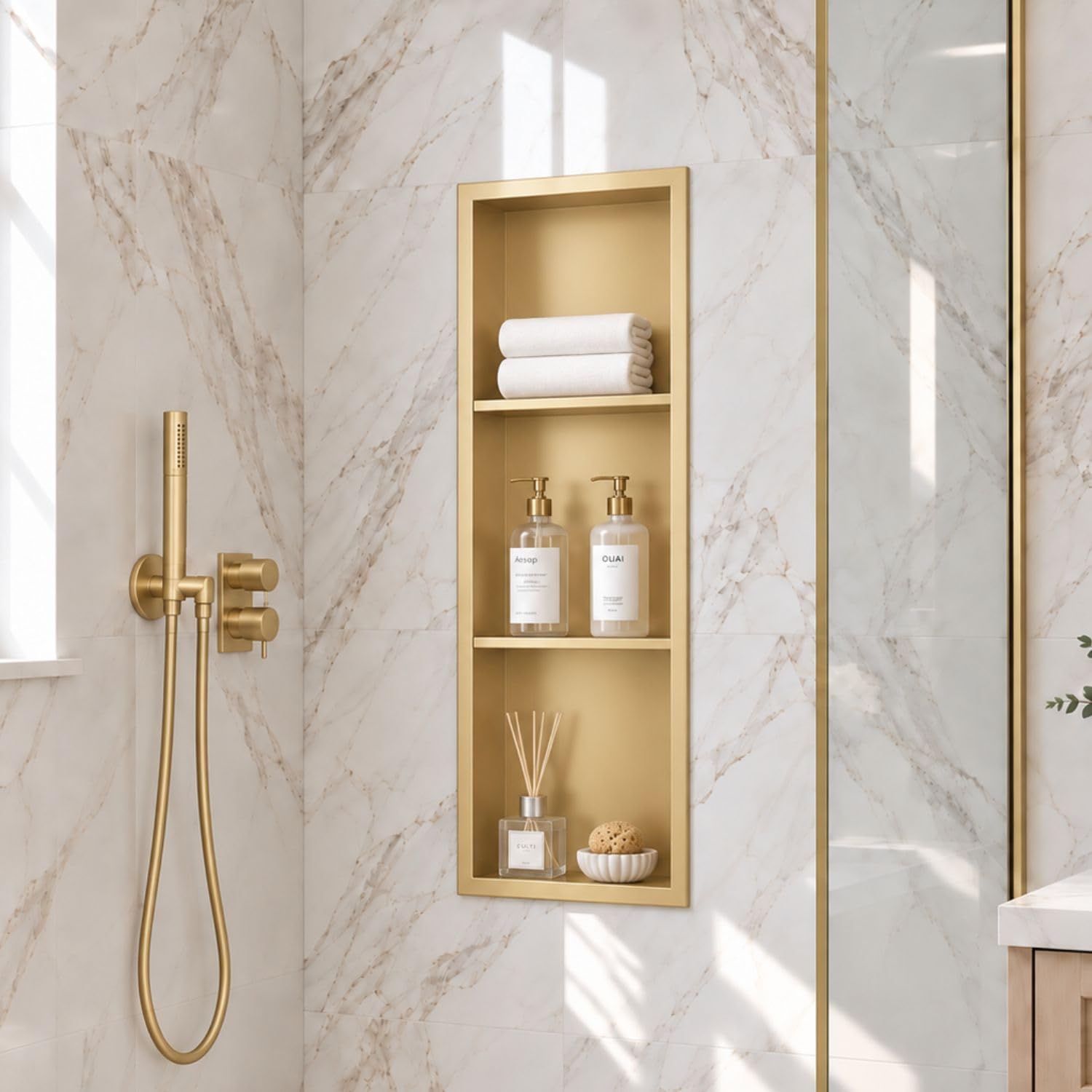 36 x 12 Inch Stainless Steel Shower Niche, No Tile Needed Wall Niche with 3- Tier Shelves, Recessed Wall Niche Insert for Bathroom Shower Kitchen Storage, Brush Gold