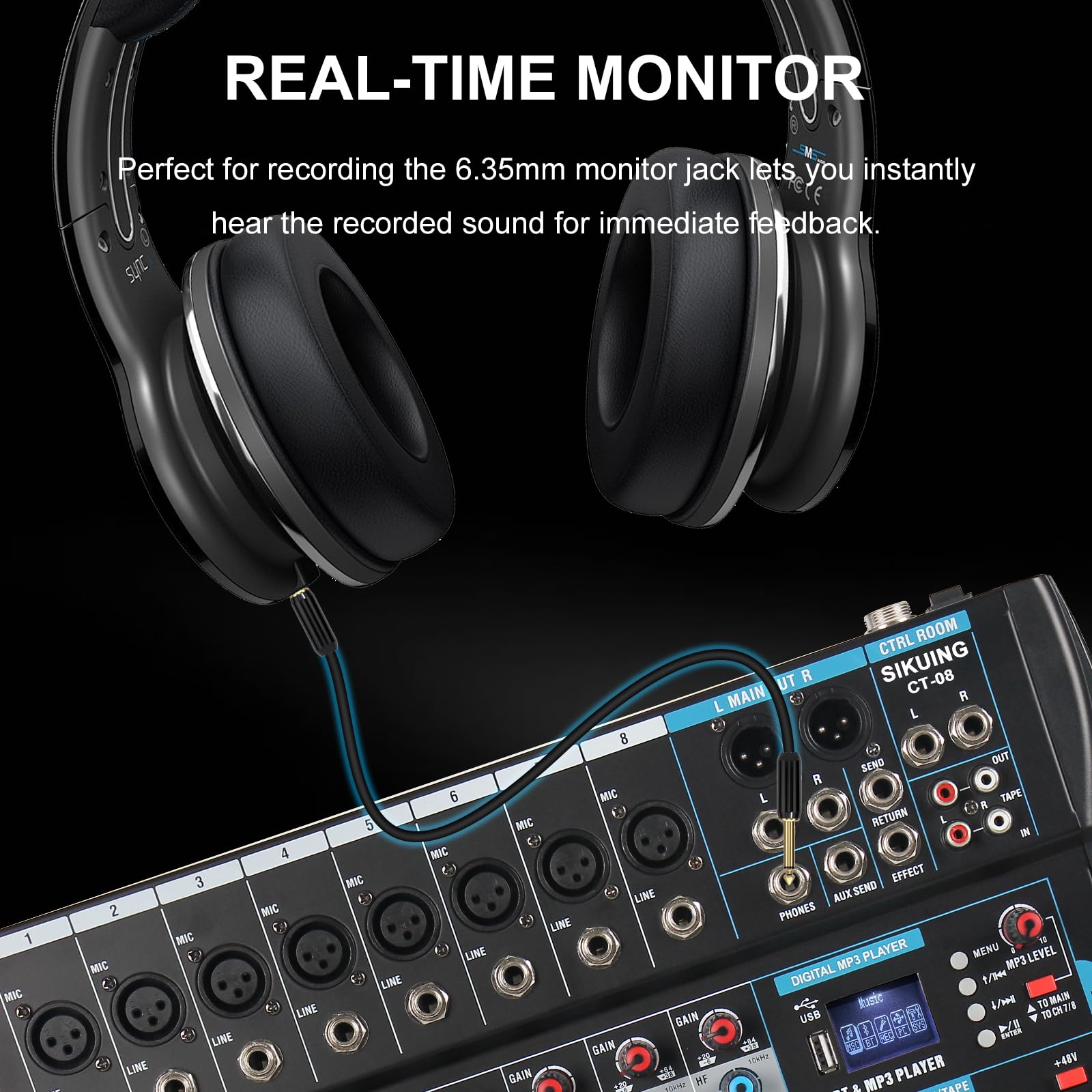 8-K-Audio-Mixer, Soundboard-Mixer, 16 DSP-Effekt-Audio-Interfacer mit USB-Laufwerk für Computeraufnahmen, 48 V Leistung, XLR-Mikrofonanschluss, DJ-Mixer für
