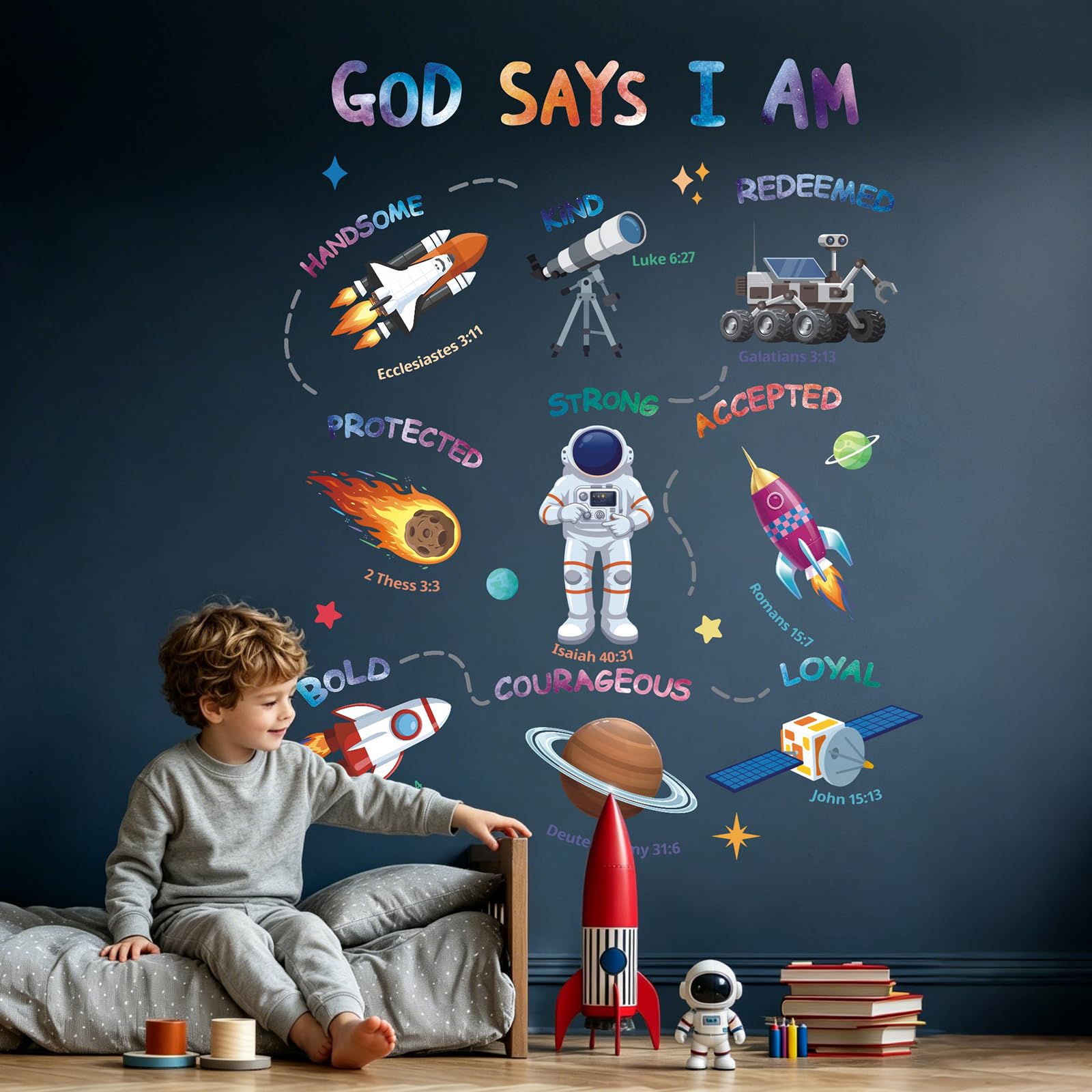 TOARTi God Says I AM Wall Decals Space Bible Verse Children Inspirational Religious Wall Sticker Christian Scripture Religious Decals Motivational Classroom Church Sunday School Decoration