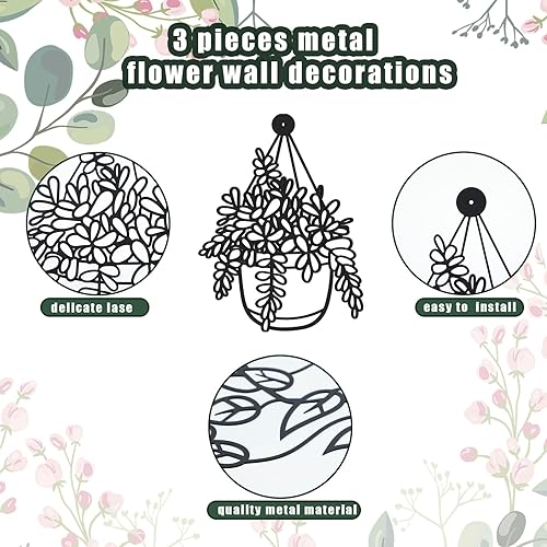 Miniatura 3 de Zhengmy Florero de metal para pared, 3 piezas, decoración moderna de pared, decoración de pared negra, decoración de flores de metal para colgar en
