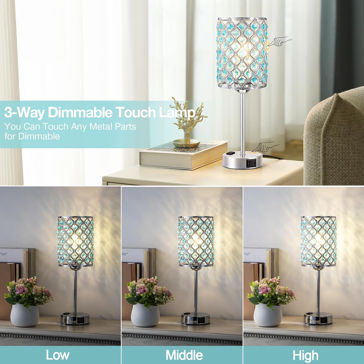 Hong-in Blue Lamps for Night Stands-Crystal Table Lamp with USB-C+A & AC Charging Ports, 3-Way Dimmable Nightstand Touch Lamp, Bedside Desk lamp for Bedroom Living Room Home Office