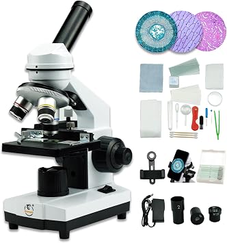 Grampus Achromatic Compound Minocular Microscope 40X-2000X, Dual LED Illumination, 10 Prepared Slides, 100 Cover Slips and Experiment Kit Offered for Kids Students Adults and Children