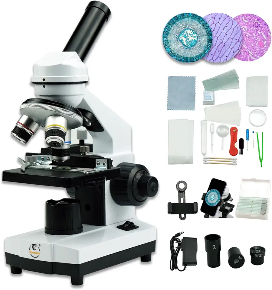 Grampus Microscópio Minocular Composto Acromático 40X-2000X, Iluminação Led Dupla, 10 Lâminas Preparadas, 100 Lamelas E Kit Experimental Oferecido Para Crianças, Estudantes, Adultos E Crianças