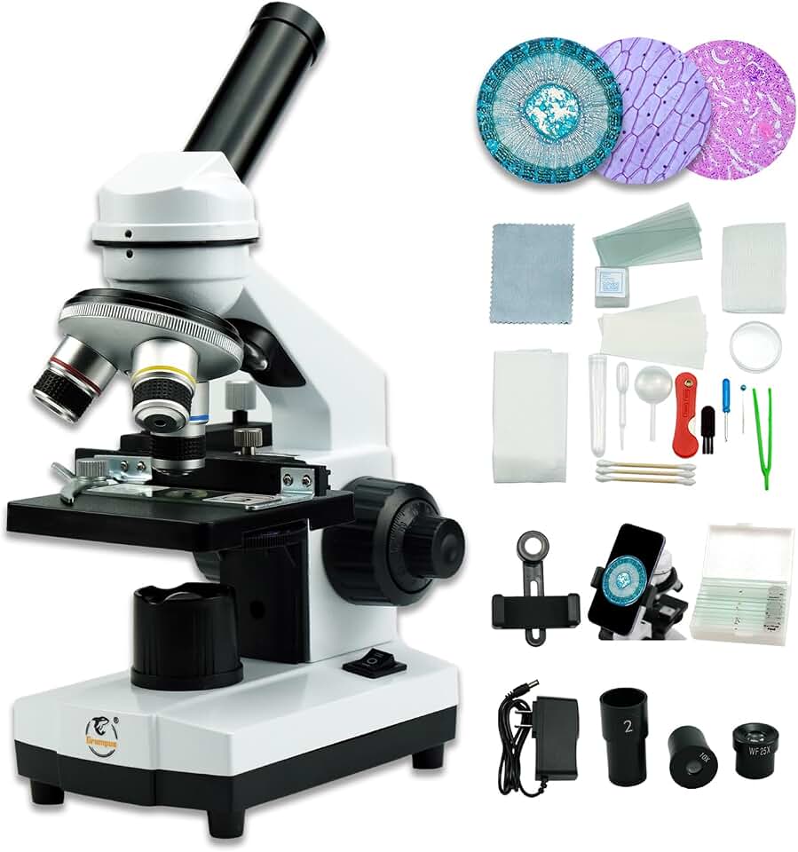 Grampus Microscópio Minocular Composto Acromático 40X-2000X, Iluminação Led Dupla, 10 Lâminas Preparadas, 100 Lamelas E Kit Experimental Oferecido Para Crianças, Estudantes, Adultos E Crianças