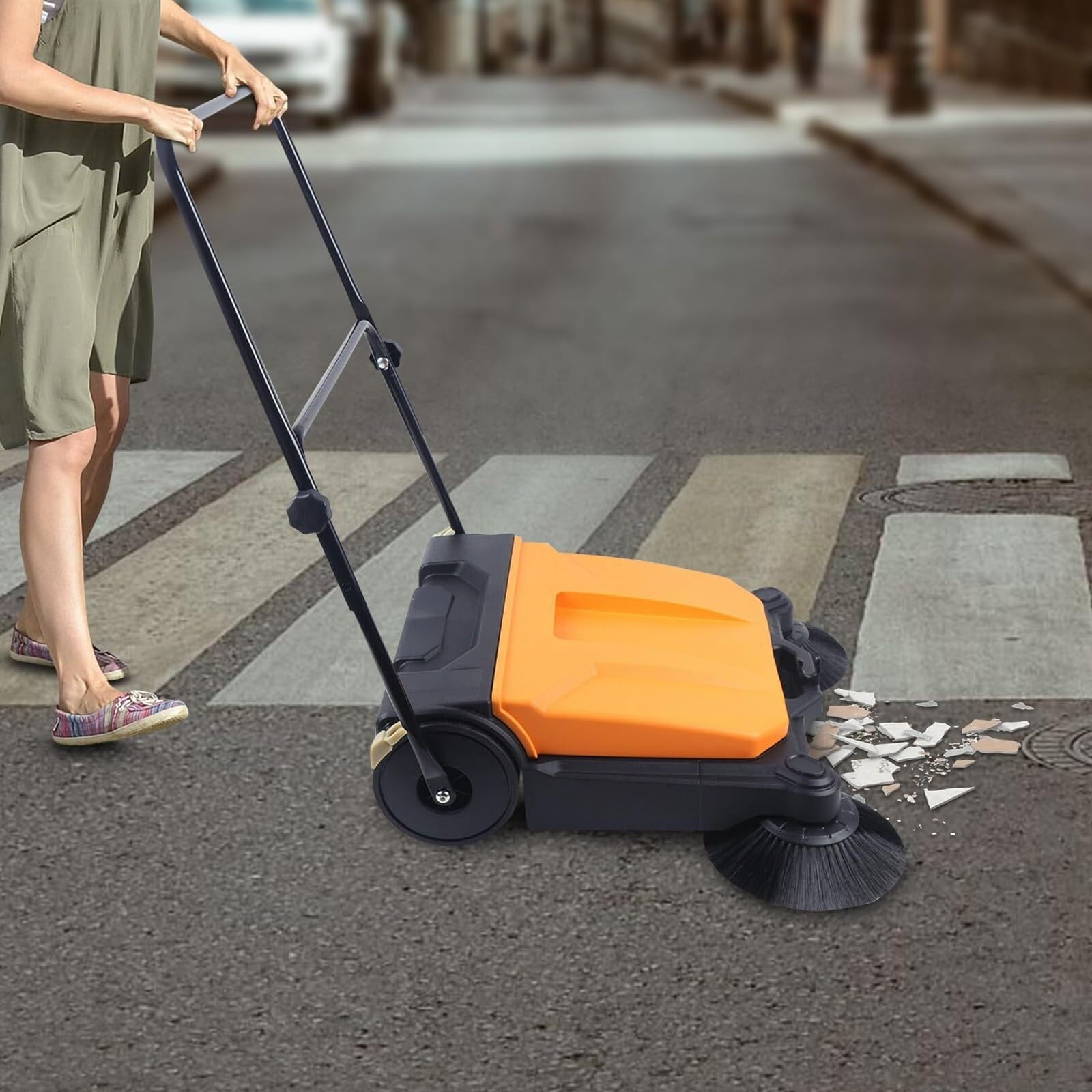 Barredora comercial de pisos, máquina de limpieza manual con caja de polvo de 15 L, ancho de barrido de 26.8 pulgadas, diseño plegable para pasillos, patios, garajes y aeropuertos