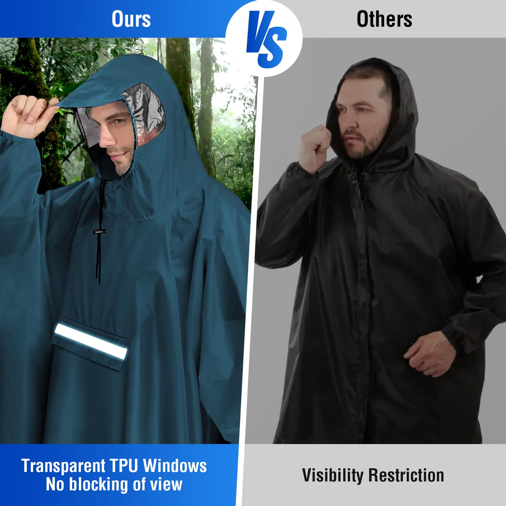 Regenponcho Herren Damen Wasserdichter Regenponcho für Fahrrad Wiederverwendbar Regen Poncho mit Reflektierenden Streifen Leichtes Atmungsaktives Regencape für Radfahren, Wandern, Angeln