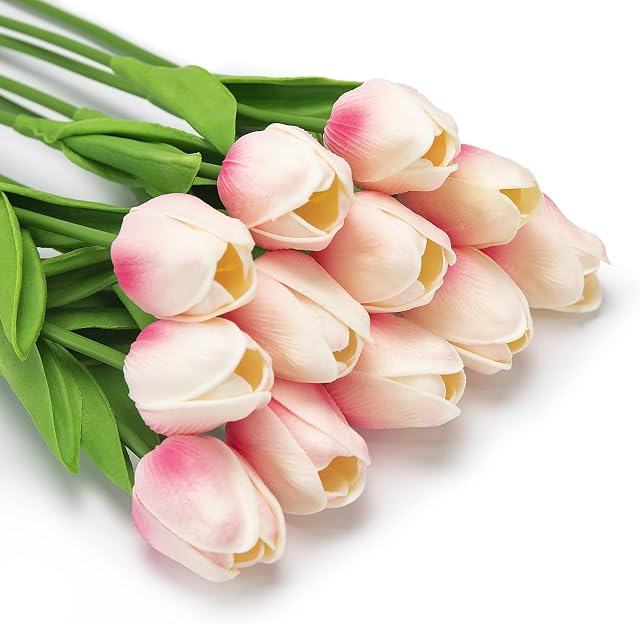 OWLKELA 12pcs Artificial Flower Pink Tulips, Fake Latex Tulips Real Touch, Faux Flower Tulips Bouquets for Wedding, Garden and Home Decoration
