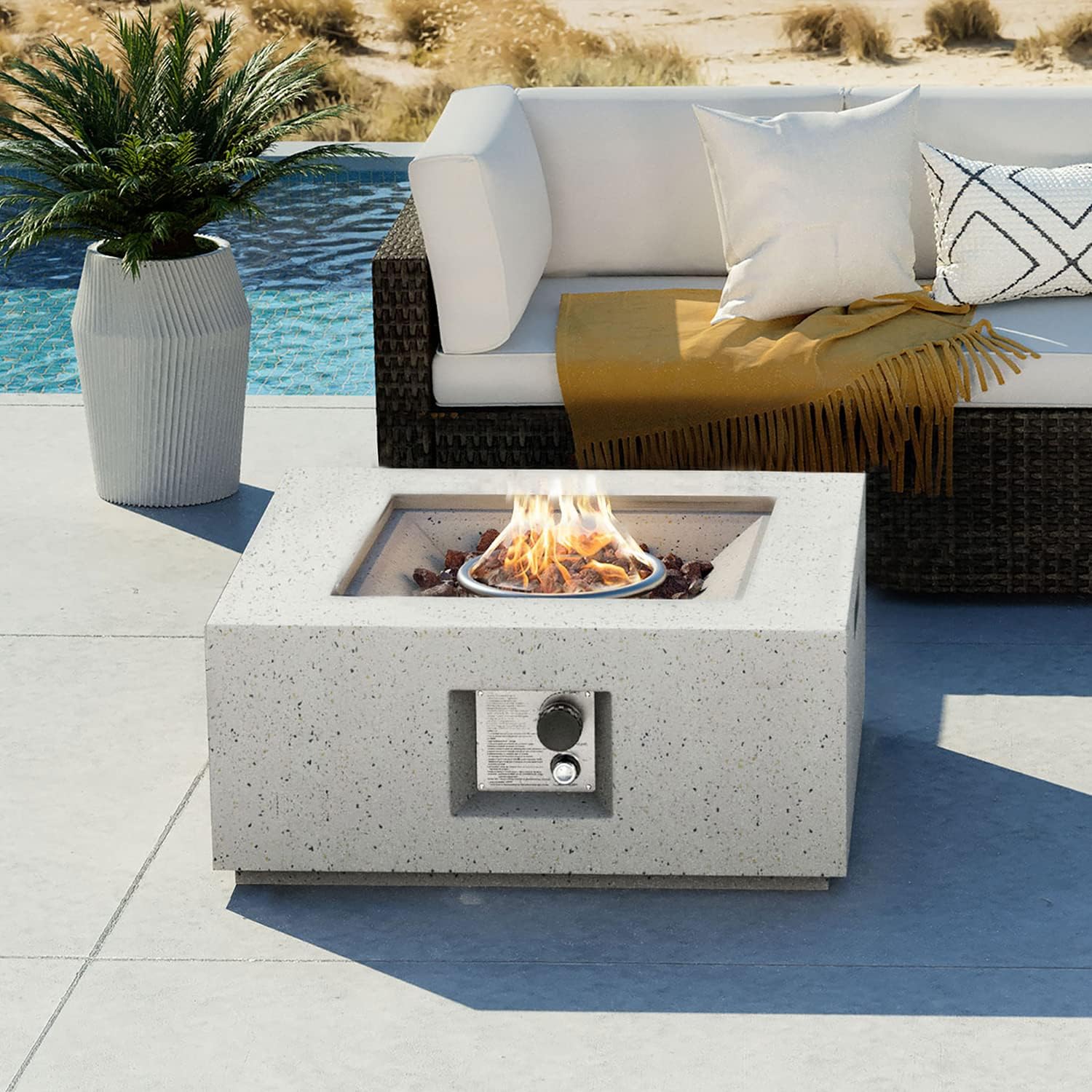 COSIEST Outdoor Propane Fire Pit Coffee Table, 28-inch Terrazzo Square Base Patio Heater w Certified, 40,000 BTU Stainless Steel Burner, Free Lava Rocks and Rain Cover